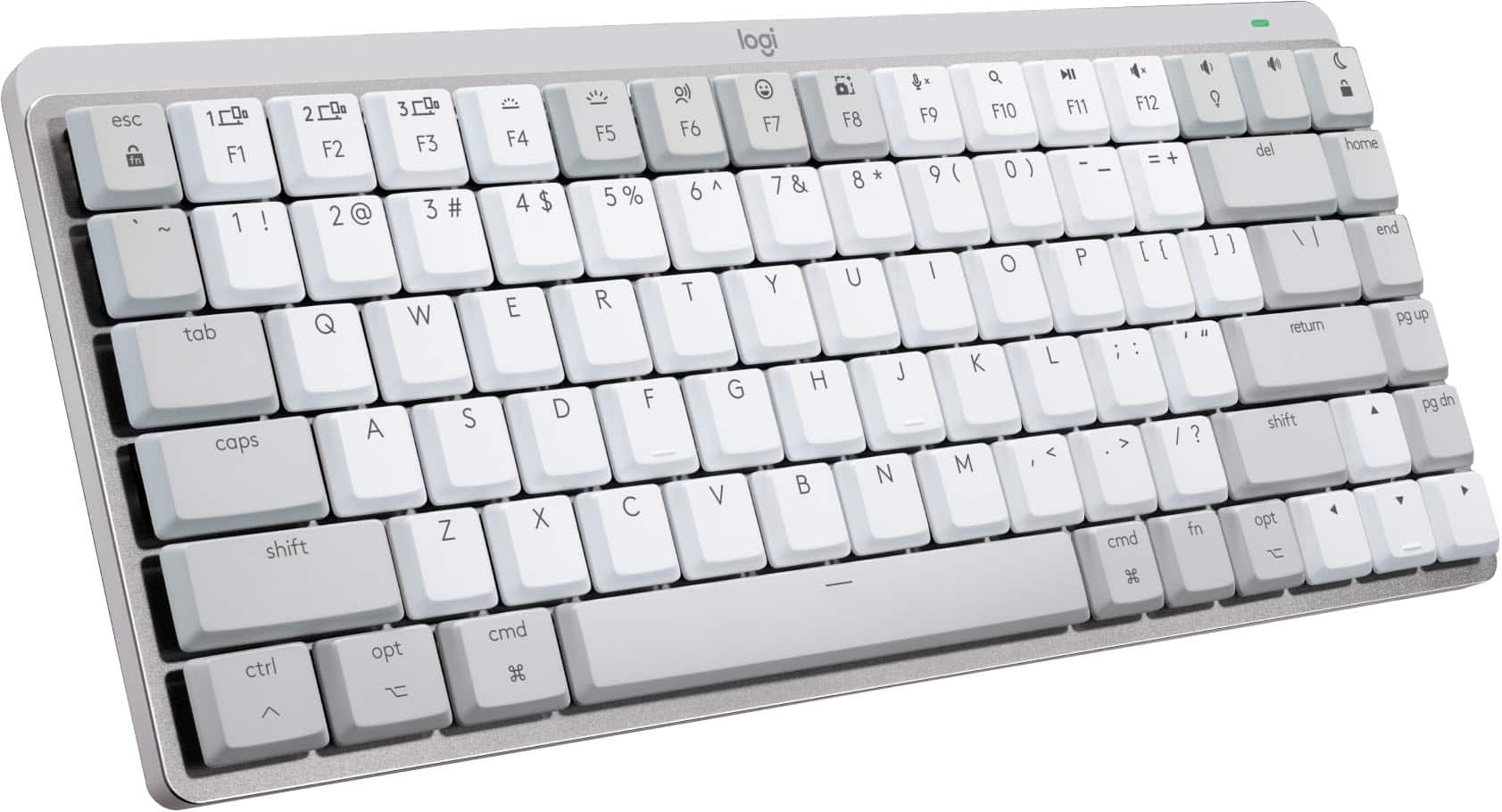 The text on the image is a list of keys on a keyboard. The keys are grouped as follows:
1. Esc, 1, 2, 200, F1, F2, 1!, 2@, ~, tab, Q, A, caps, shift, 3, F3, 3#, W, S, Z, F4, 4$, E, D, X, F5, 5%, R, F, C, logi, x, &, )
2. F7, F8, F9, F6, &, 8, 9, 6, A, 7, U, I, T, Y, H, J, G, B, N, V, Q, F10, 0, ) O, K, M, M, I, x, F11, F12
3. fn, cmd, del, home, end, /, return, pg up, pg down, shift, 4, opt, ctrl, opt, cmd, H
The text on the image does not require any correction.