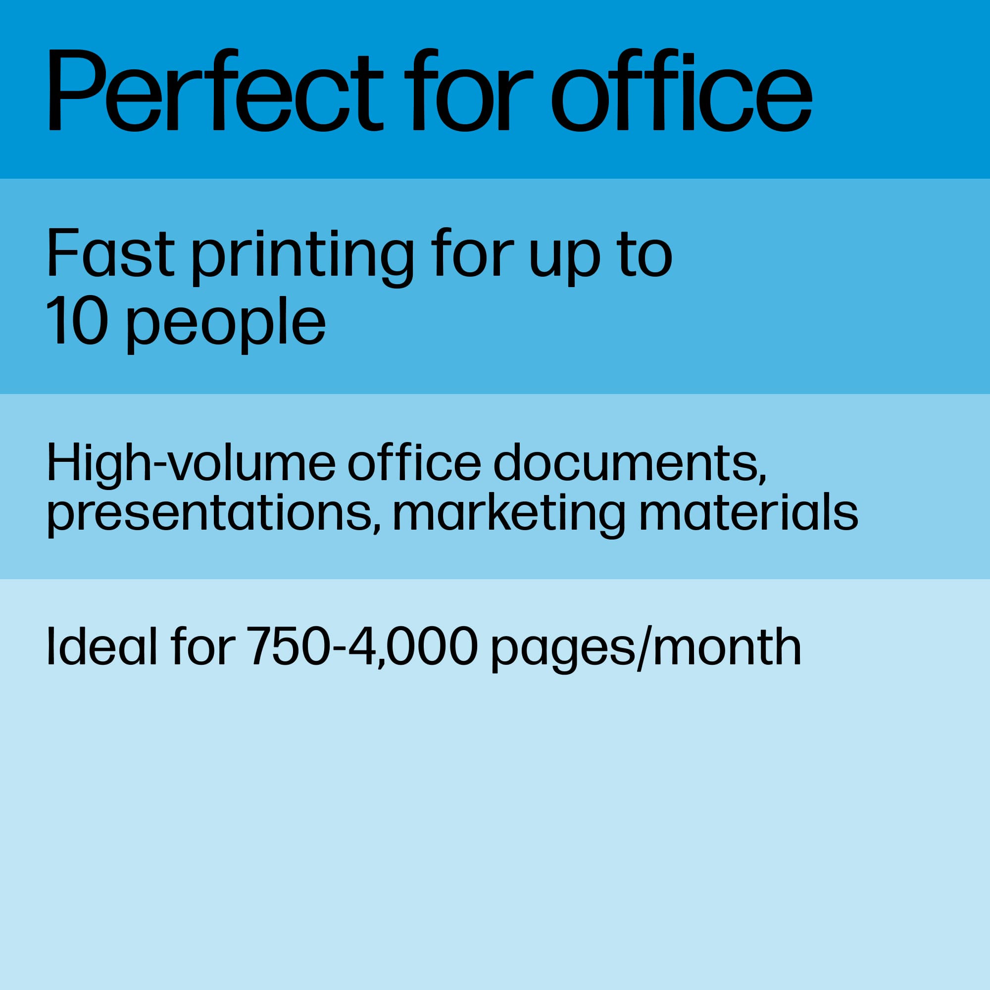 Perfect for office: Fast printing for up to 10 people, High-volume office documents, presentations, marketing materials. Ideal for 750-4,000 pages/month.