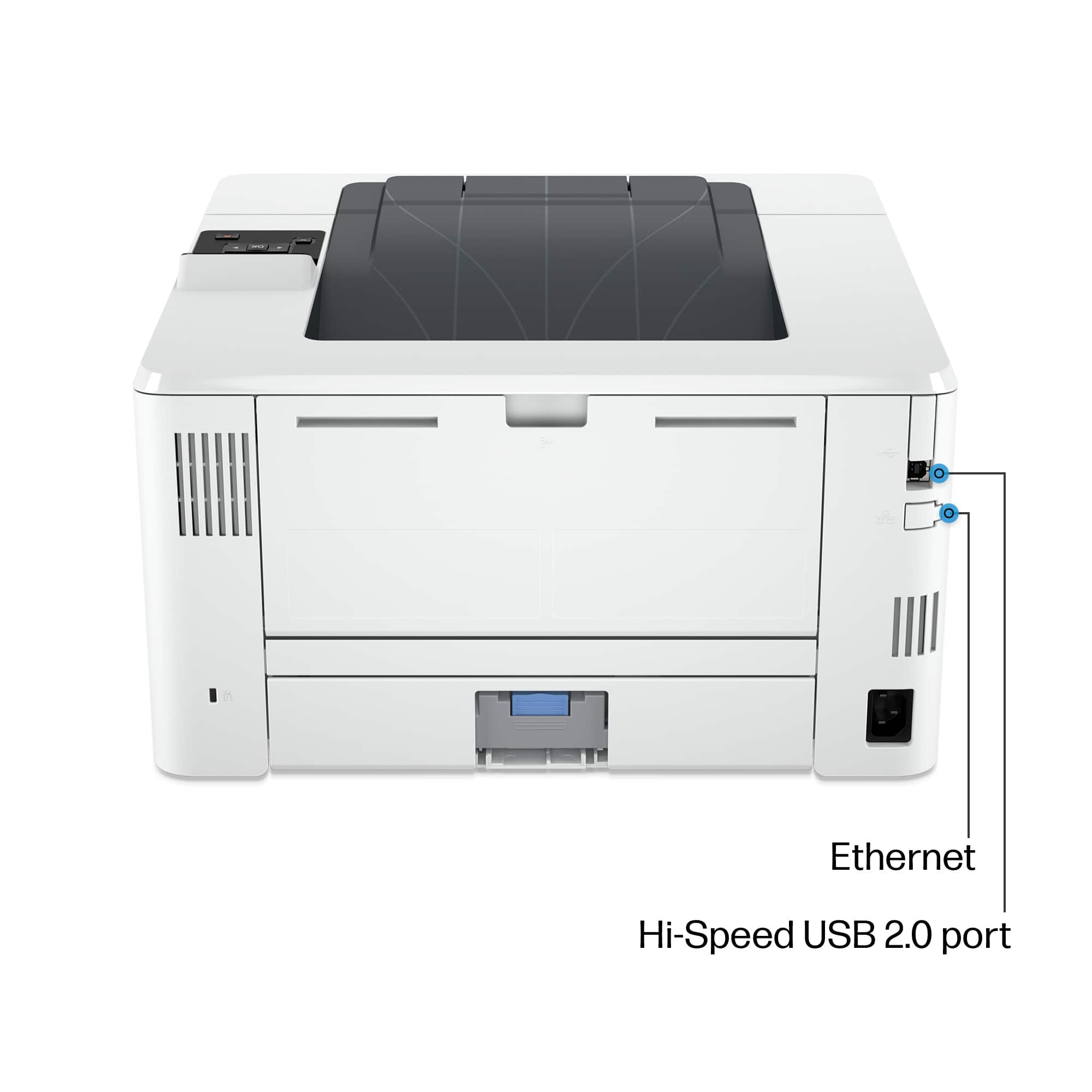 The image shows a white printer with a black top, which is an Ethernet Hi-Speed USB 2.0 port.