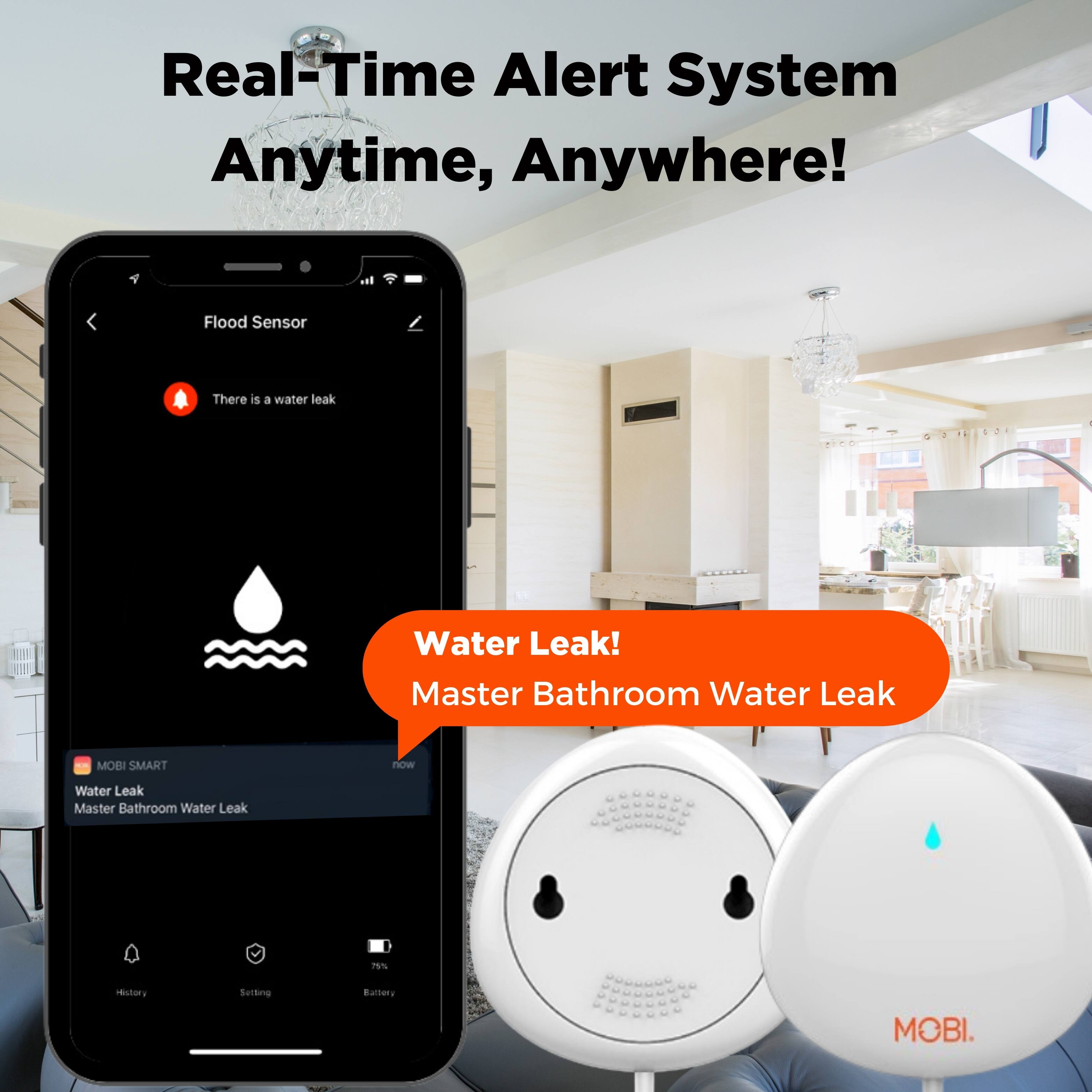 Real-Time Alert System Anytime, Anywhere! There is a water leak. Master Bathroom Water Leak. MOBI SMART now Water Leak Master Bathroom Water Leak.