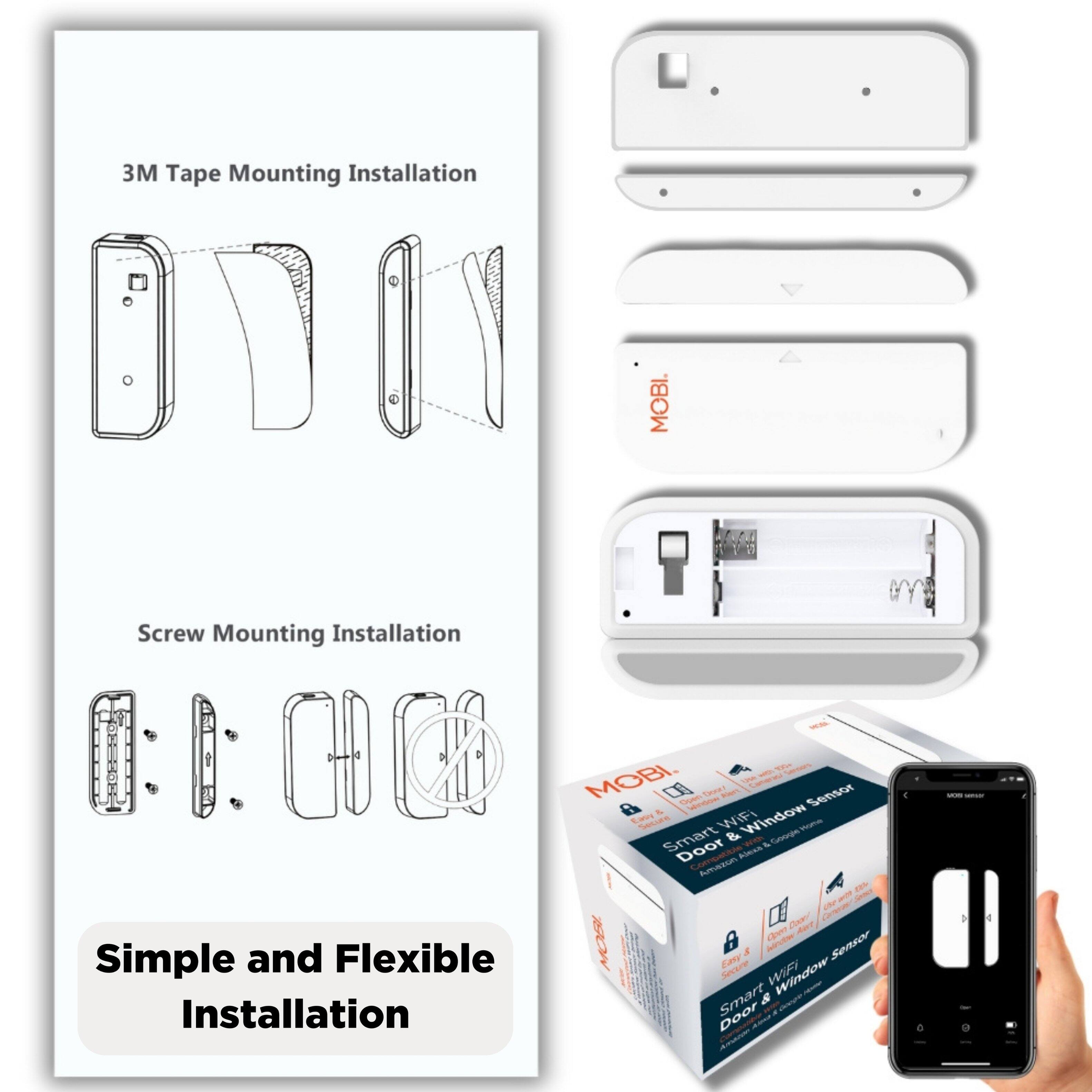 The text on the image is grouped and corrected as follows:

1. 3M Tape Mounting Installation:
"3M Tape Mounting Installation"
2. Screw Mounting Installation:
"Screw Mounting Installation"
3. Simple and Flexible Installation:
"Simple and Flexible Installation"
4. Du W Sener - Sensor a Eat Secias WIFi Window Smart & Door:
"Du W Sener - Sensor a Eat Secias WIFi Window Smart & Door"
5. Car AT MOS A e Ean Sensor Secure WFI Window Smart & Door:
"Car AT MOS A e Ean Sensor Secure WFI Window Smart & Door"
