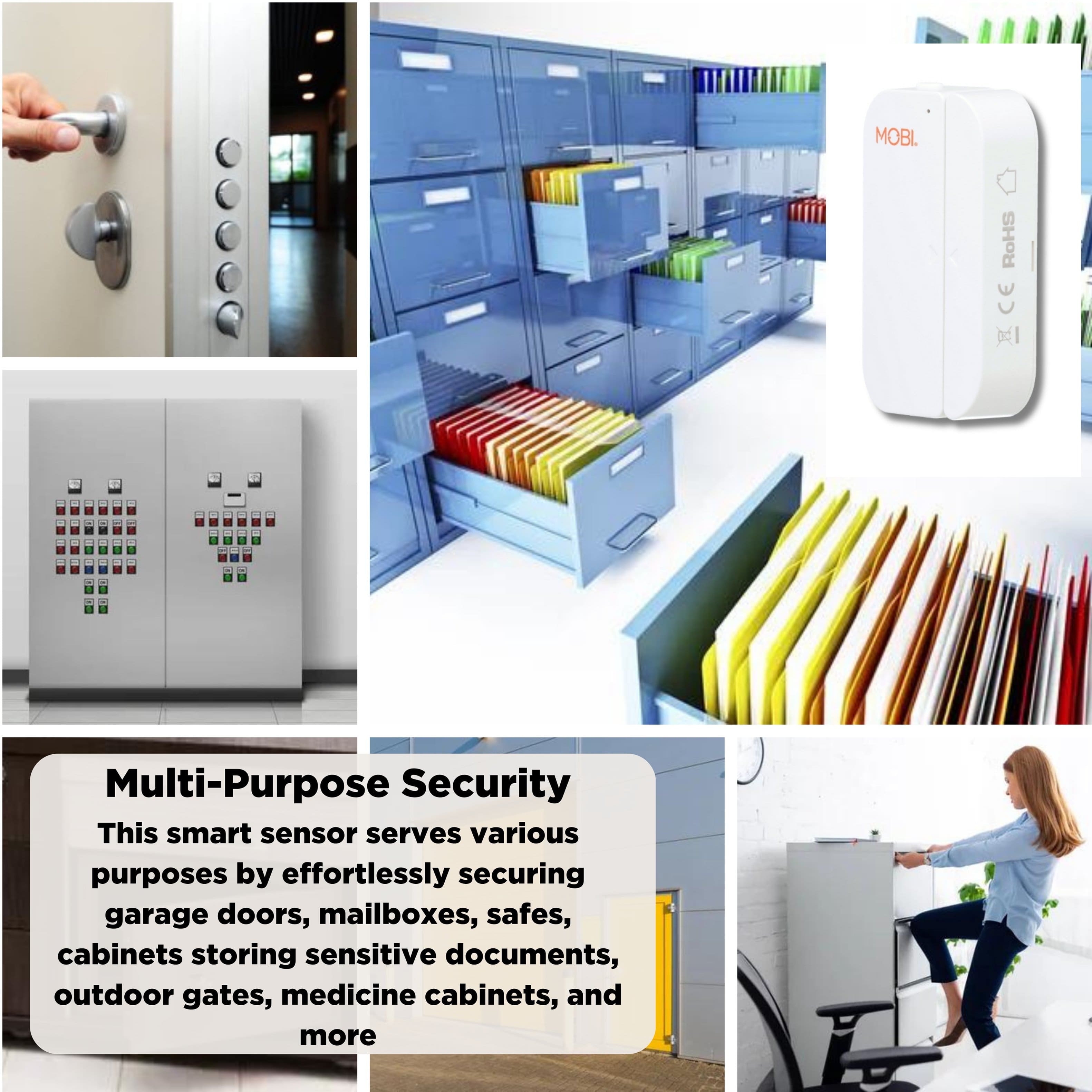 Multi-Purpose Security: This smart sensor serves various purposes by effortlessly securing garage doors, mailboxes, safes, cabinets storing sensitive documents, outdoor gates, medicine cabinets, and more.