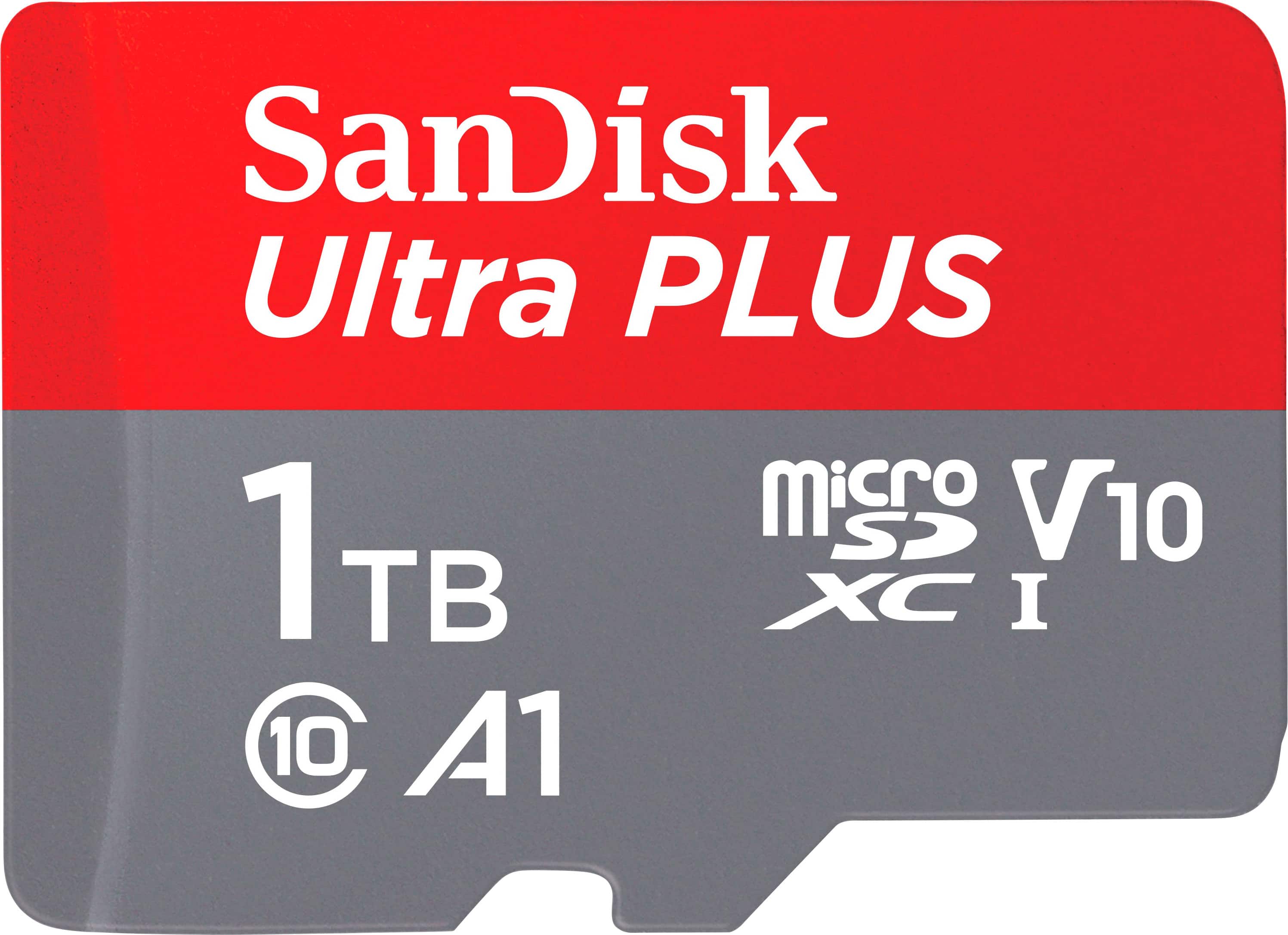 Front. SanDisk - Ultra PLUS 1TB microSDXC UHS-I Memory Card - Gray/Red.