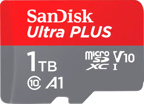 Front. SanDisk - Ultra PLUS 1TB microSDXC UHS-I Memory Card - Gray/Red.