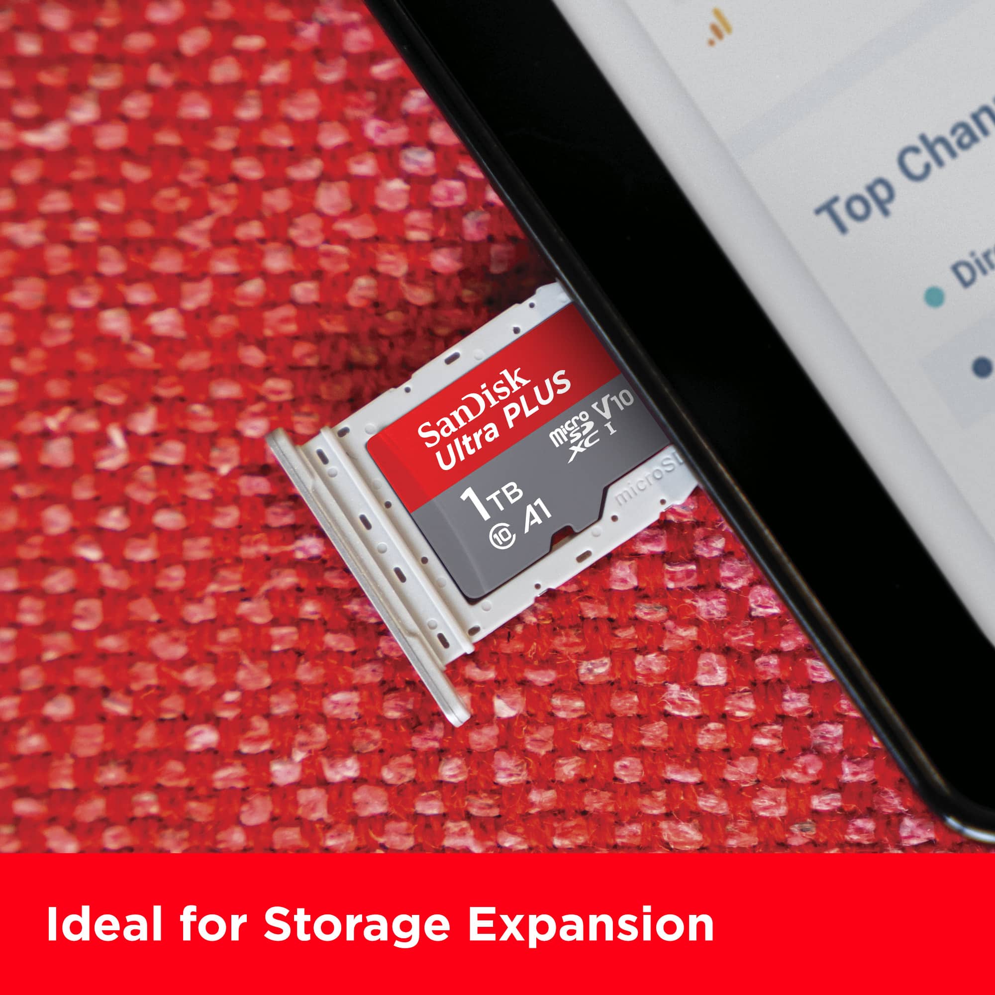 The text on the image is: "Ideal for Storage Expansion SanDisk PLUS 2m orV I Ultra 52 XC 1 micros A1 10 Chan Top Dir."