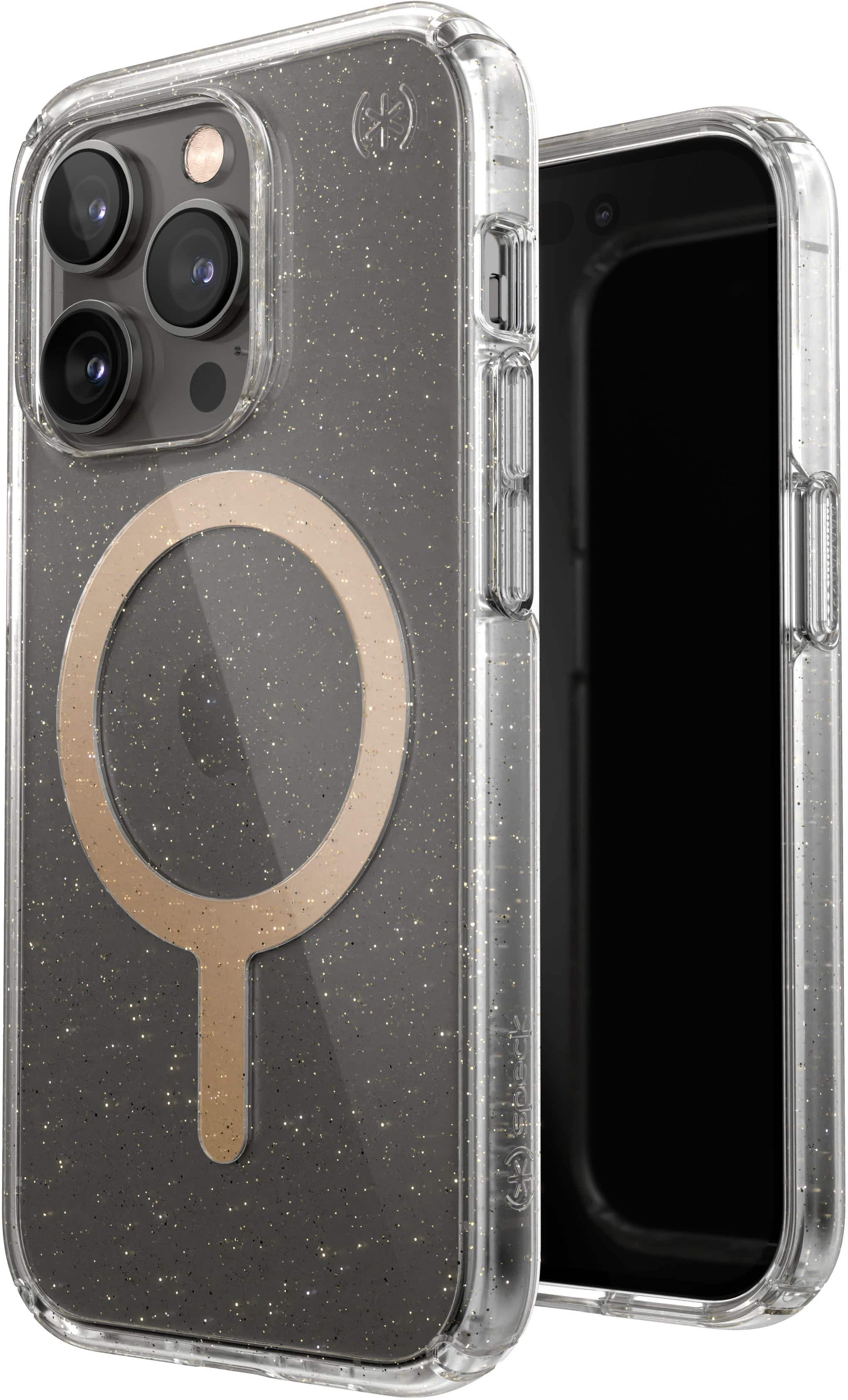 Angle. Speck - Presidio Perfect-Clear Case with MagSafe for Apple iPhone 14 Pro - Gold Glitter.