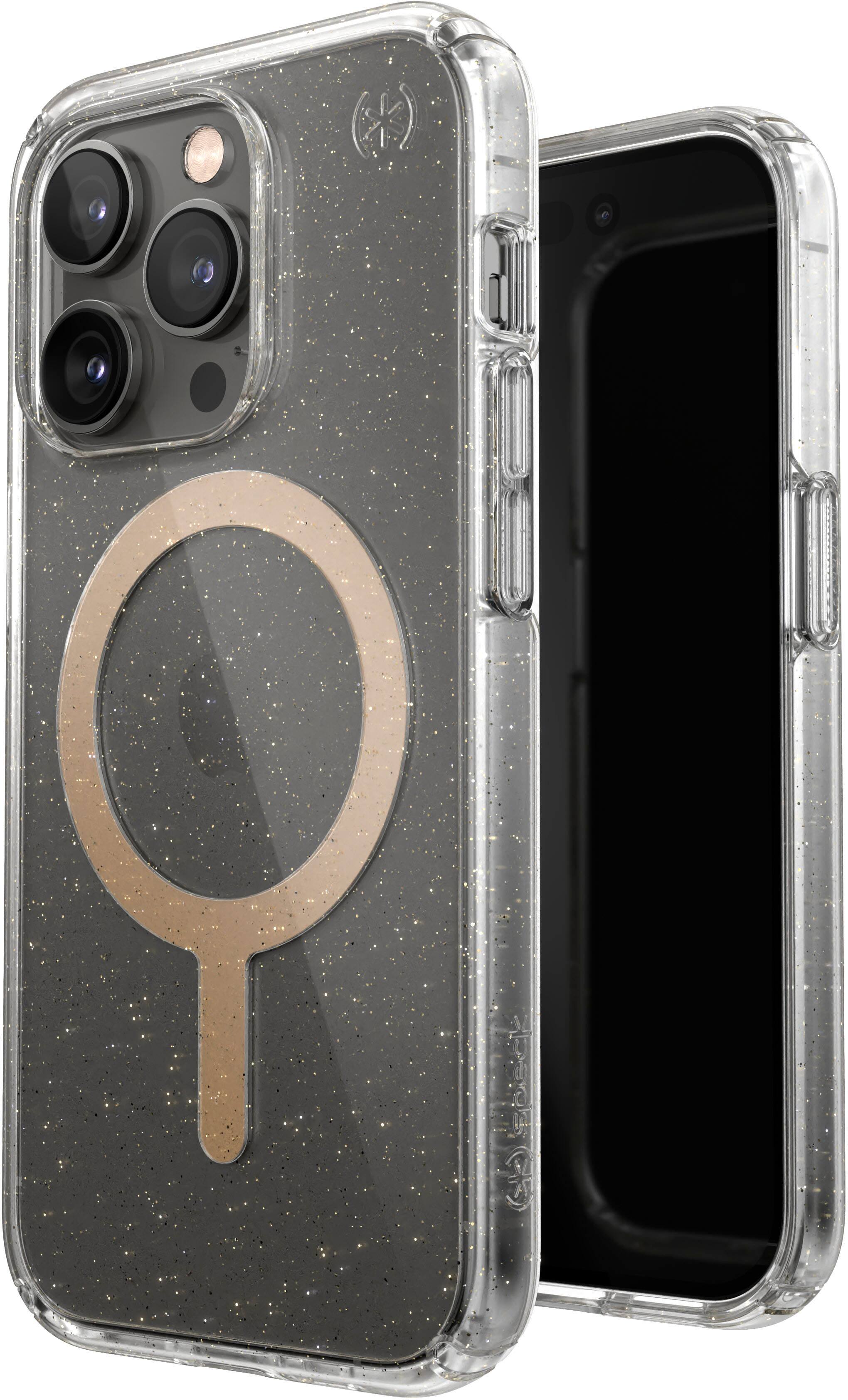 Angle. Speck - Presidio Perfect-Clear Case with MagSafe for Apple iPhone 14 Pro - Gold Glitter.