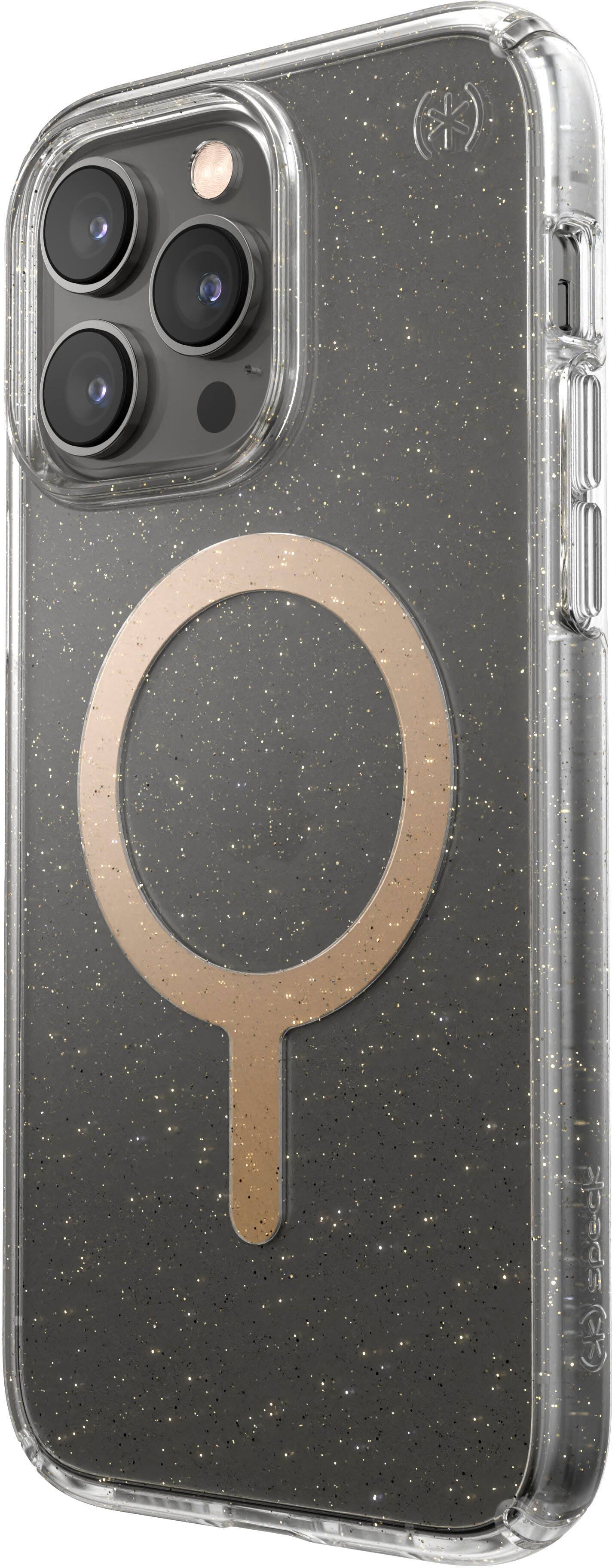 Left. Speck - Presidio Perfect-Clear Case with MagSafe for Apple iPhone 14 Pro Max - Gold Glitter.