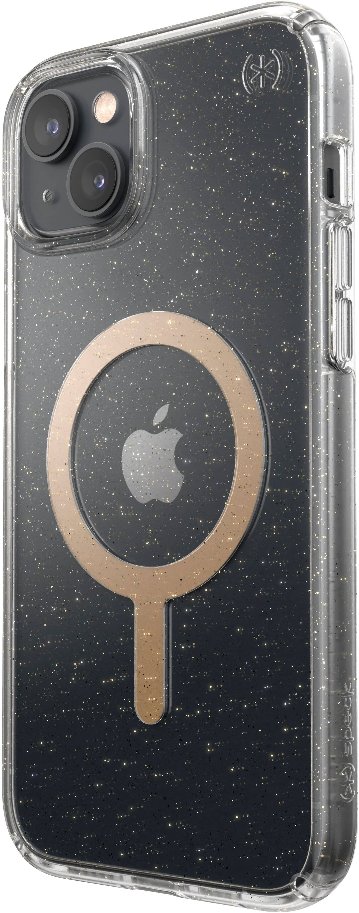 Left. Speck - Presidio Perfect-Clear Case with MagSafe for Apple iPhone 14 Plus - Gold Glitter.