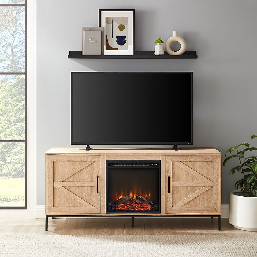 Walker Edison Modern Farmhouse Barn Door Fireplace TV Stand for Most
