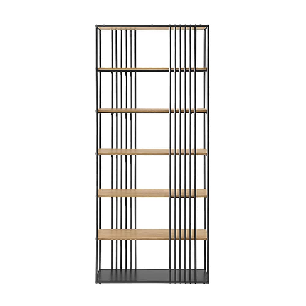 Walker Edison - Contemporary Metal and Wood Minimalist Bookshelf - Coastal Oak/Black - Front_Zoom