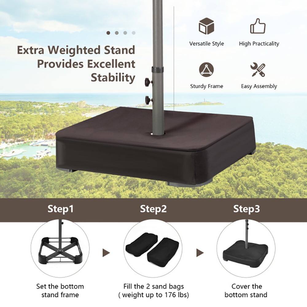 Extra Weighted Stand Provides Excellent Stability

Versatile Style  
High Practicality  
Sturdy Frame  
Easy Assembly

Step 1: Set the bottom stand frame  
Step 2: Fill the 2 sand bags (weight up to 176 lbs)  
Step 3: Cover the bottom stand