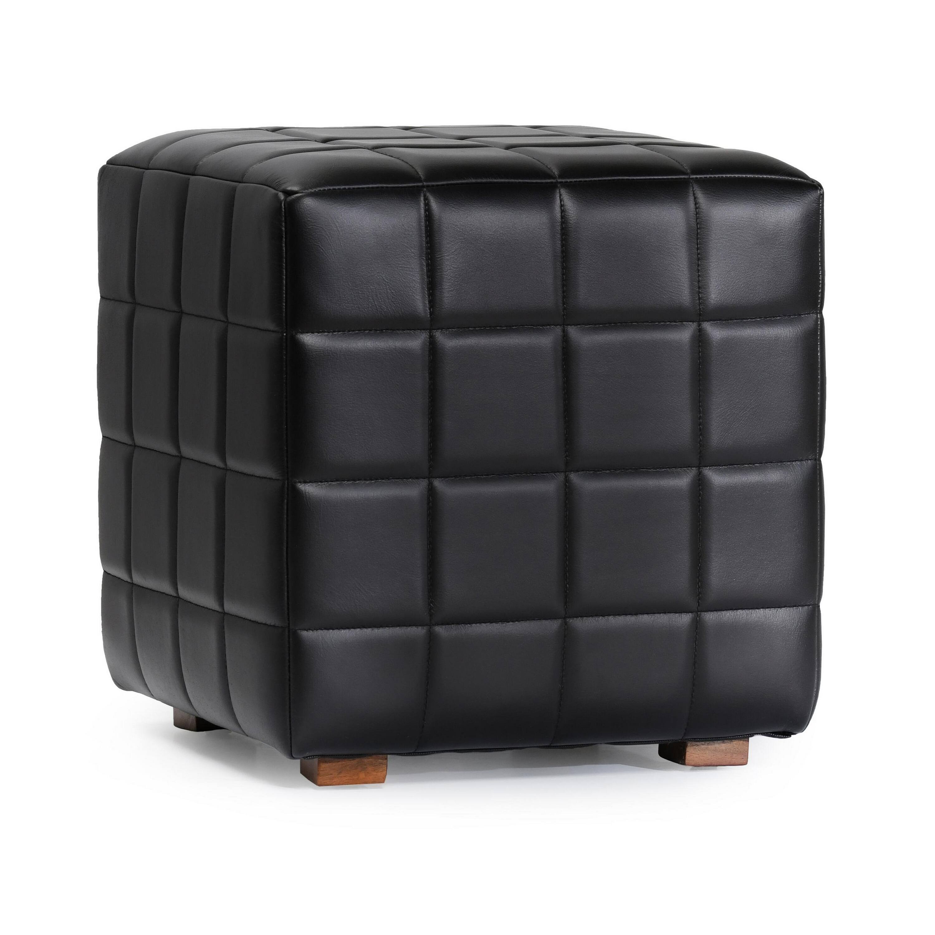 Front. Manhattan Lane - Square Ottoman with Black Tufted Leather, Mango Wood 18 Inch - Black, Brown.