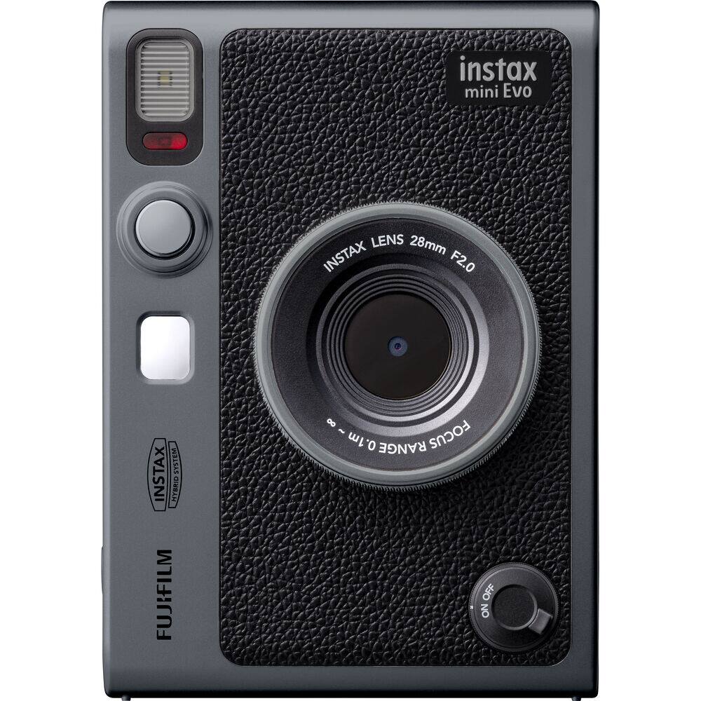 instax mini Evo LENS 28mm INSTAX F2.0 INSTAX SYSTEM HYBRID FUJIFILM 0.0 - 1m RANGE FOCUS OFF ON