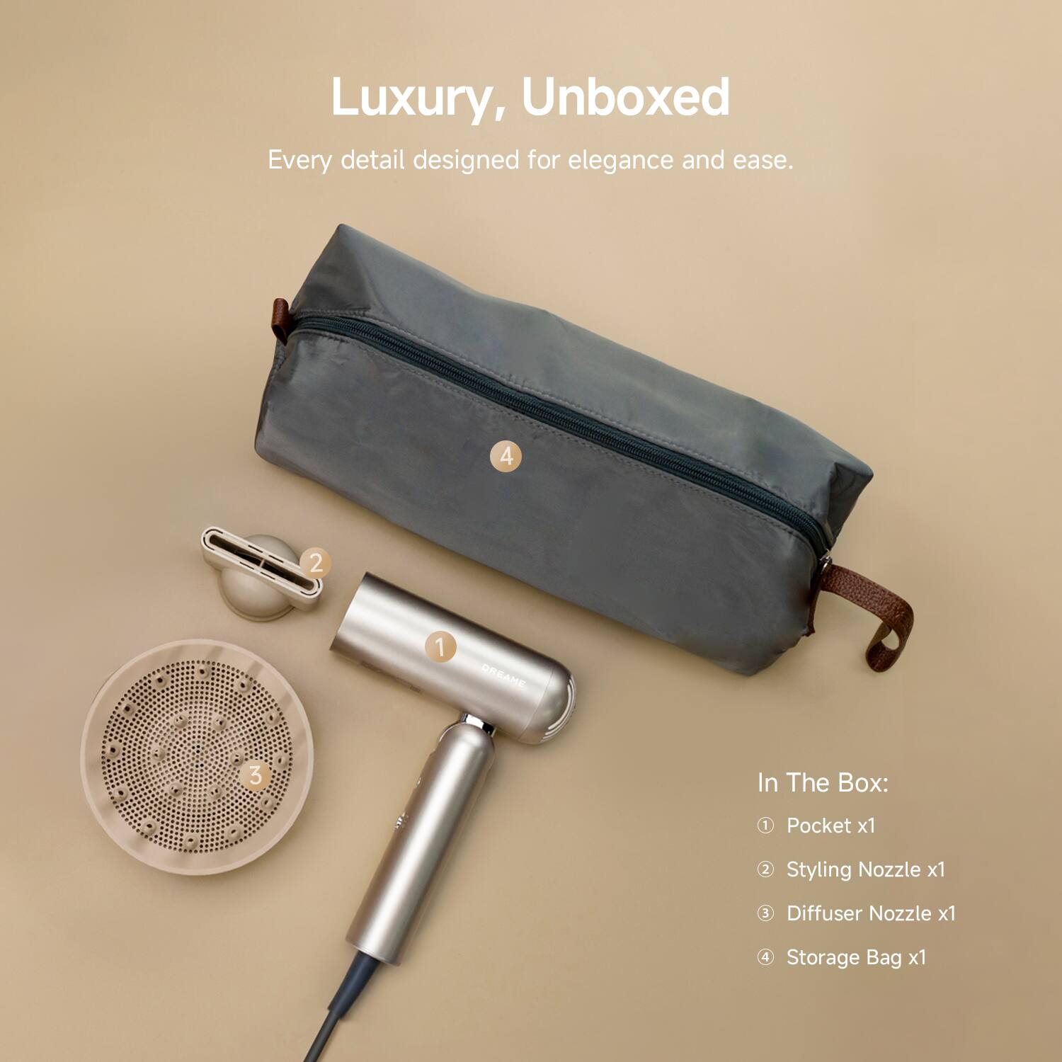 Luxury, Unboxed  
Every detail designed for elegance and ease.  

In The Box:  
1. Pocket x1  
2. Styling Nozzle x1  
3. Diffuser Nozzle x1  
4. Storage Bag x1