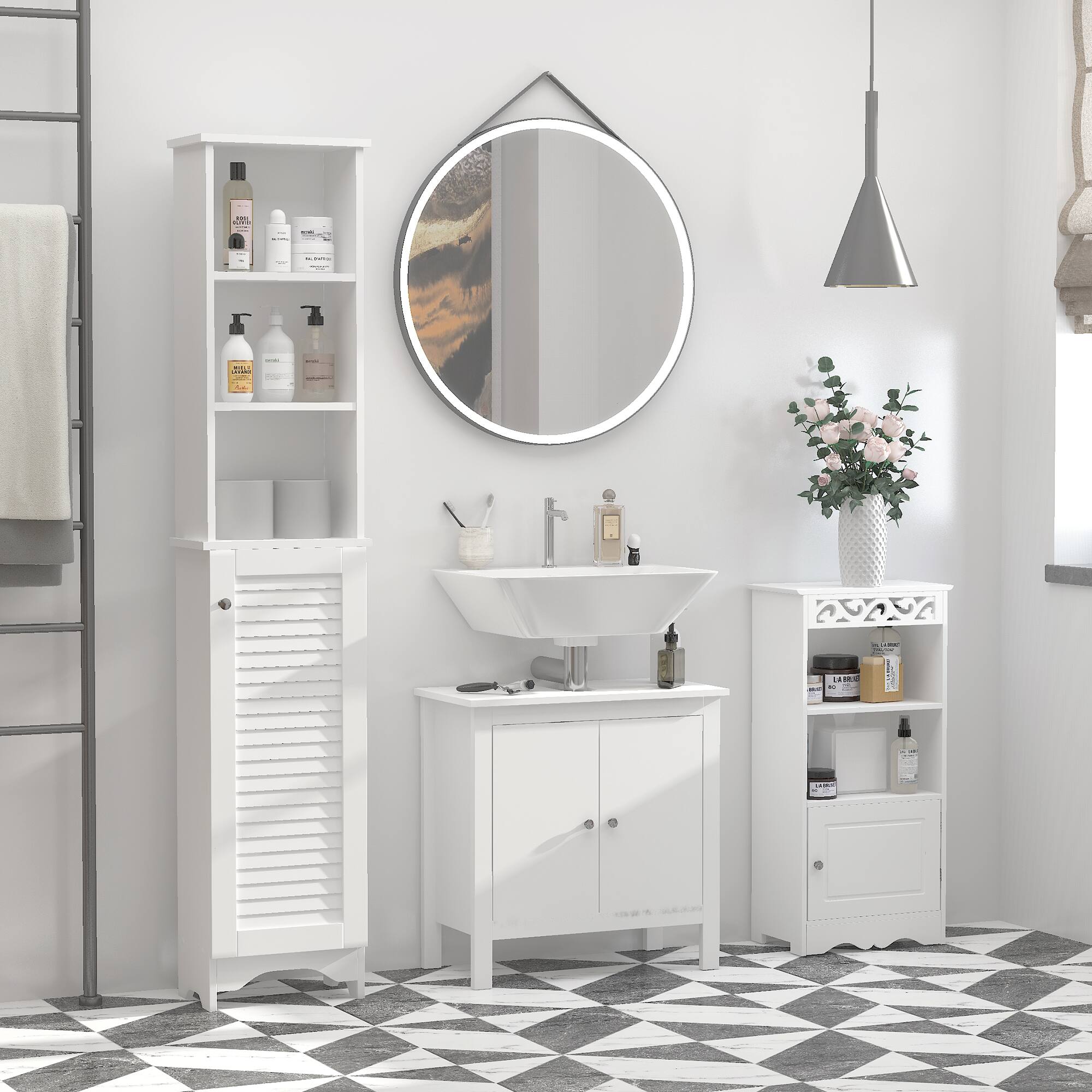 Alt View 7. Homcom - Tall Bathroom Storage Cabinet, Freestanding Linen Tower with 3-Tier Open Adjustable Shelf - White.