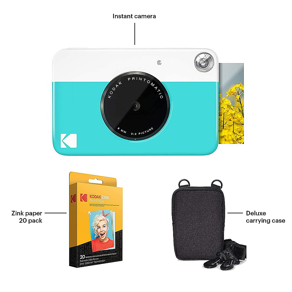  Kodak Printomatic Instant Camera (Blue) Art Bundle + Zink  Paper (20 Sheets) + 8x8 Cloth Scrapbook + 12 Twin Tip Markers + 100 Border  Stickers + 6 Decorative Scissors + Washi Tape (AMZRODOMATICK4BL) :  Electronics