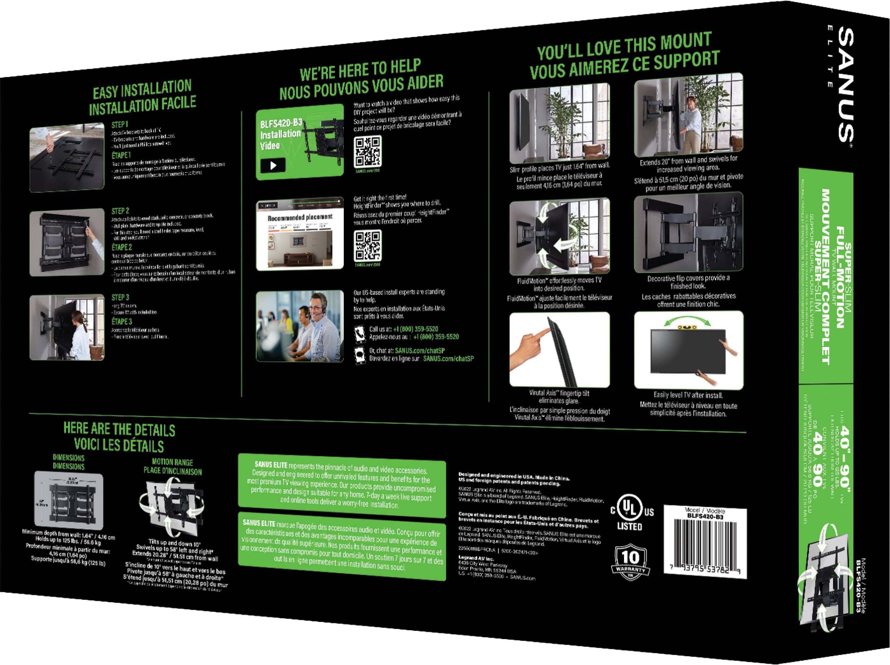 Alt View 16. SANUS Elite - Super Slim Full-Motion TV Wall Mount for TVs 40"-90" - Low Profile - Sits 1.6" From the Wall With 20" of Extension - Black.