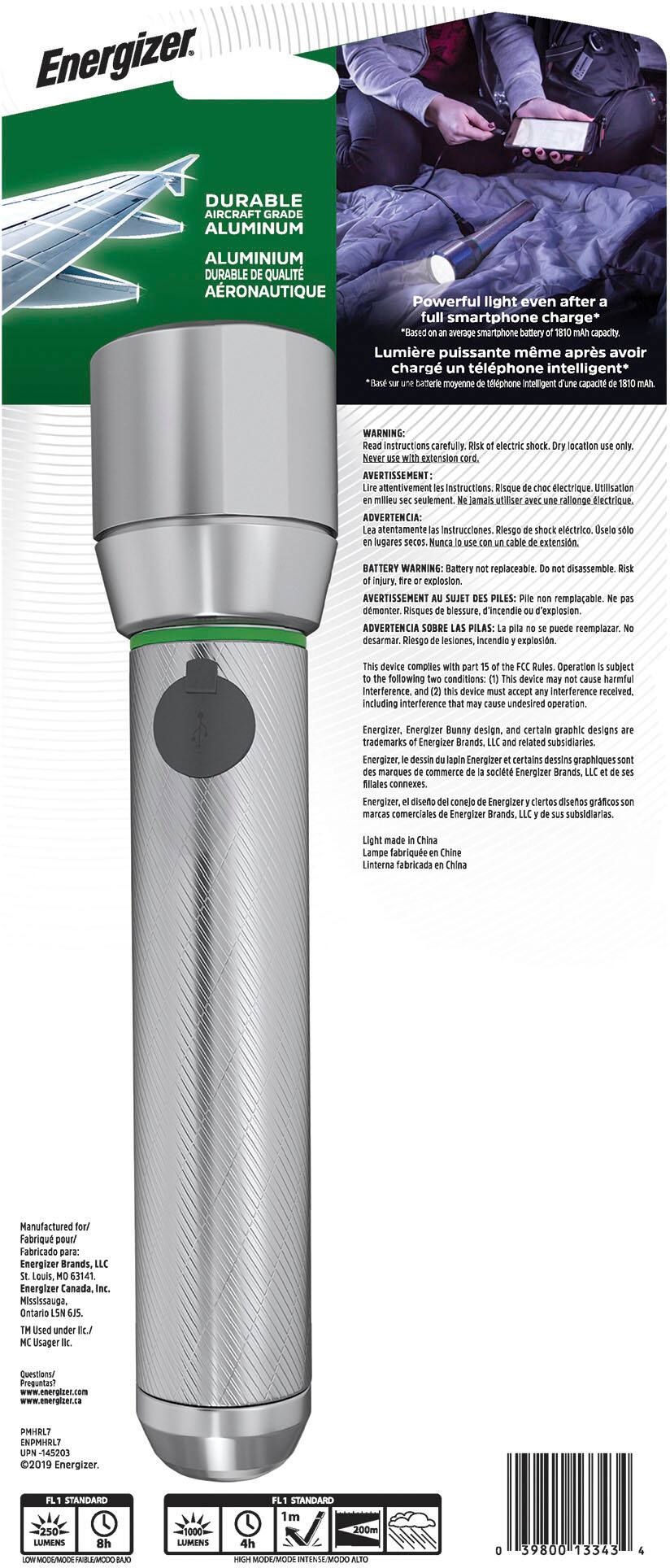 Angle. Energizer - Vision HD Rechargeable LED Metal Flashlight (includes USB cable for recharging) - black.