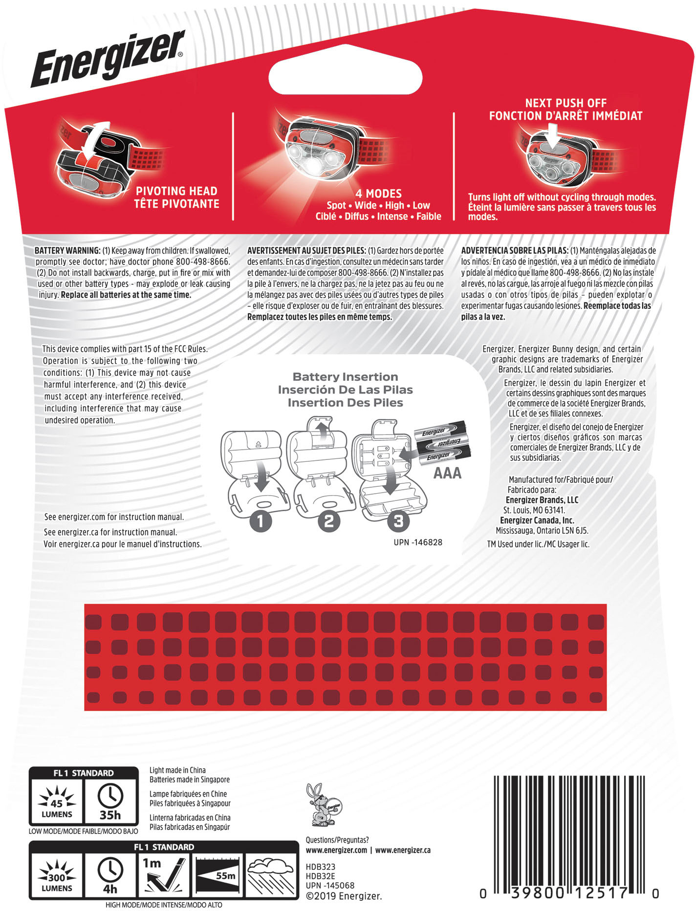 Linterna Frontal Vision HD 300 Lumens, Energizer