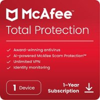 McAfee - Total Protection (1 Device) Antivirus Internet Security Software + VPN + ID Monitoring (1 Year Subscription) - Android, Apple iOS, Mac OS, Windows, Chrome [Digital] - Front_Zoom