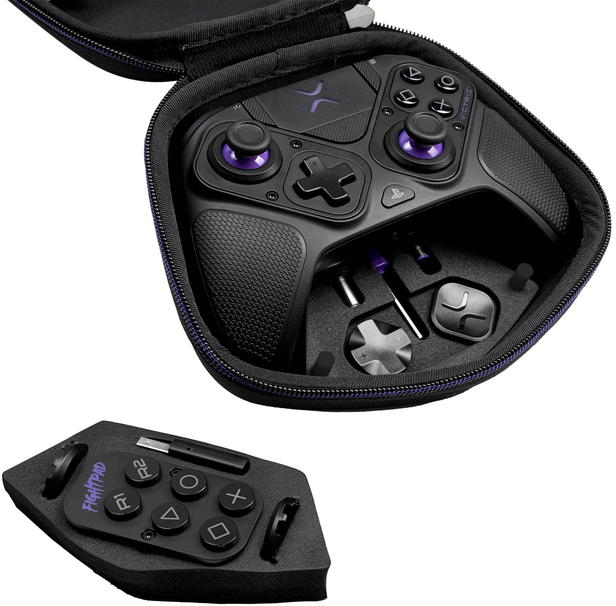 A Victaix X and R2 Fightpad R1 is shown in the image. The Fightpad is a black and purple gaming controller with a carrying case. The case is designed to hold the controller and its accessories, ensuring that it is protected and easily transportable. The controller is equipped with a purple and black joystick, and it is ready to be used for an exciting gaming experience.