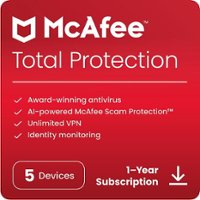 McAfee - Total Protection (5 Devices) Antivirus Internet Security Software + VPN + ID Monitoring (1 Year Subscription) - Android, Apple iOS, Mac OS, Windows, Chrome [Digital] - Front_Zoom