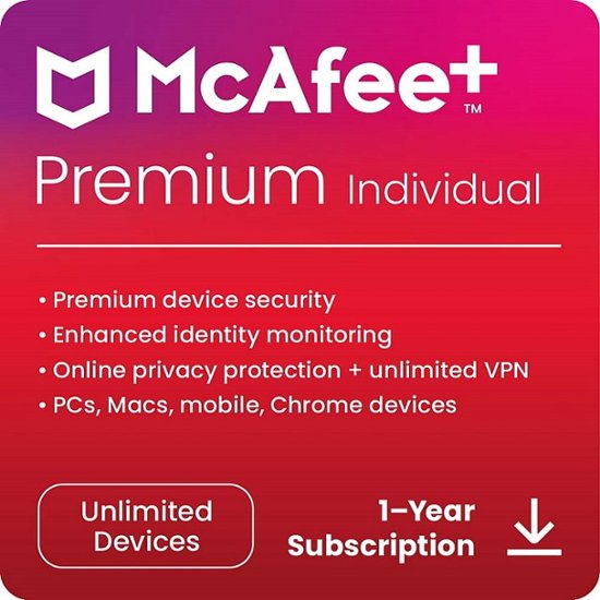 McAfee Premium Individual: Award-winning antivirus with unlimited VPN, Al-powered McAfee Scam Protection, Identity monitoring, Personal Data Cleanup (Scans), Online Account Cleanup (Scans), and Unlimited 1-Year Devices Subscription.