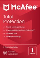 McAfee - Total Protection (1 Device) Antivirus Internet Security Software + VPN + ID Monitoring (1 Year Subscription) - Android, Apple iOS, Mac OS, Windows, Chrome - Front_Zoom