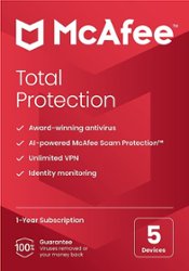 McAfee - Total Protection (5 Devices) Antivirus Internet Security Software + VPN + ID Monitoring (1 Year Subscription) - Android, Apple iOS, Mac OS, Windows, Chrome - Front_Zoom