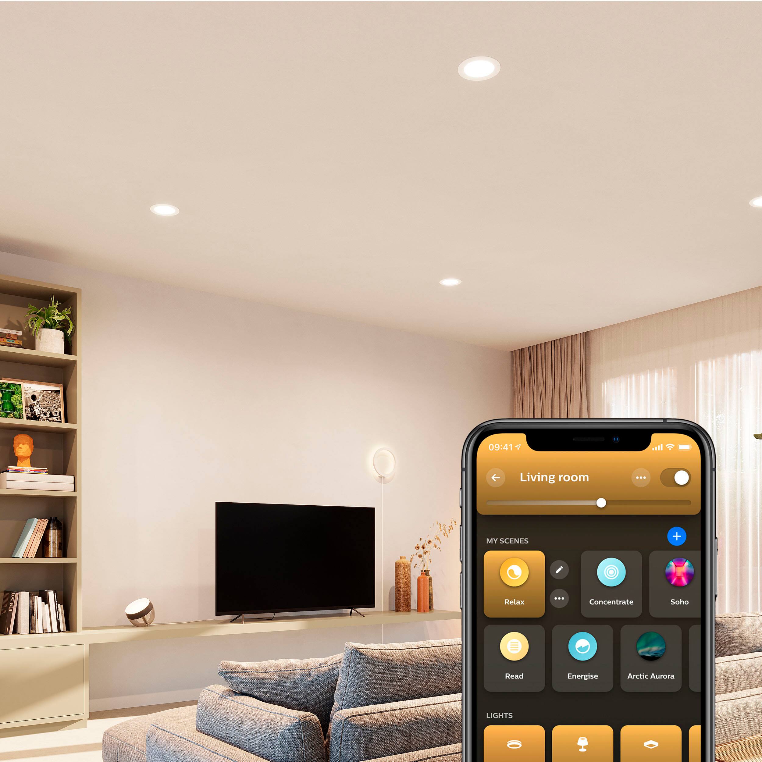 The text on the image reads: "Living room ... MY SCENES + Relax ... Concentrate Soho Read Energise Arctic Aurora LIGHTS."