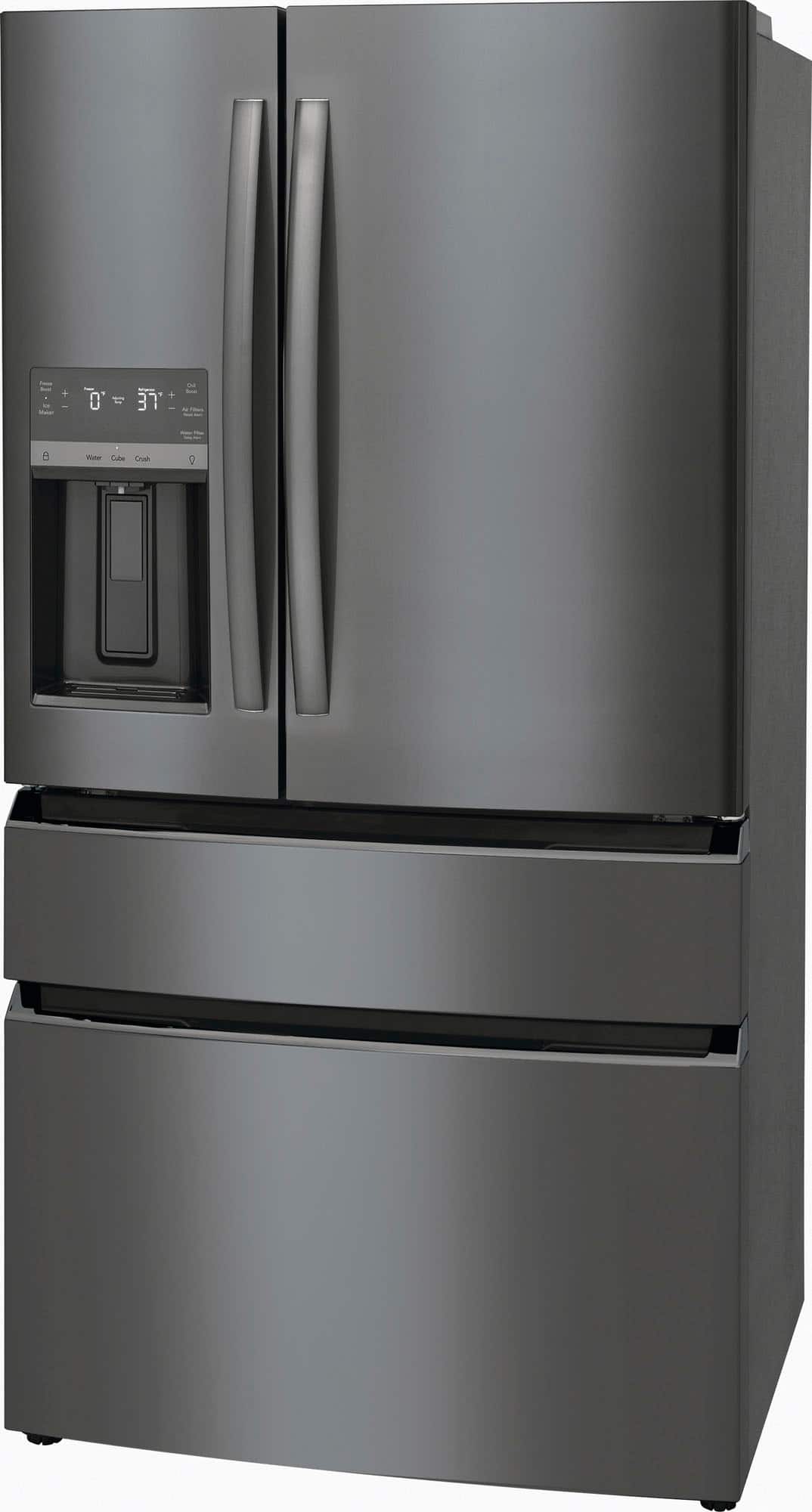 Angle. Frigidaire - Gallery 21.5 Cu. Ft. Counter-Depth 4-Door French Door Refrigerator - Black Stainless steel.