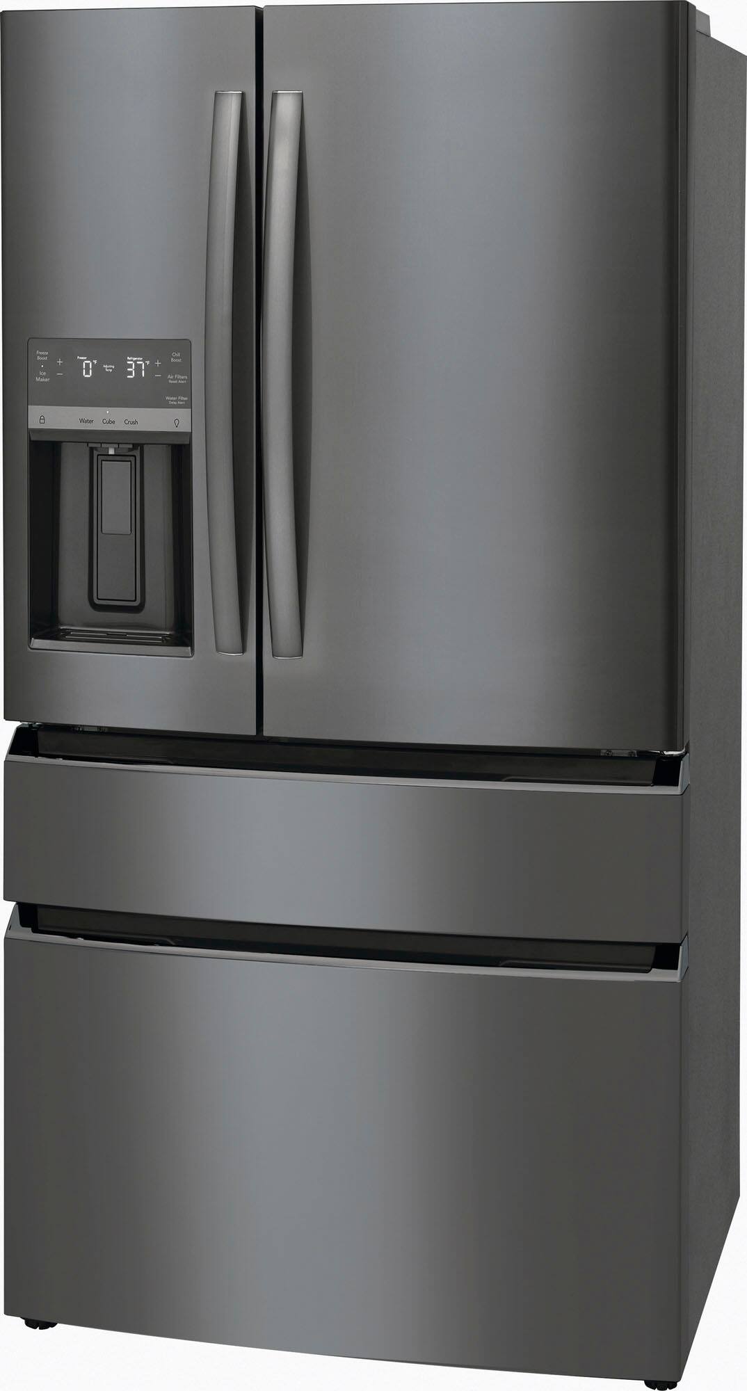 Angle. Frigidaire - Gallery 21.5 Cu. Ft. Counter-Depth 4-Door French Door Refrigerator - Black Stainless steel.