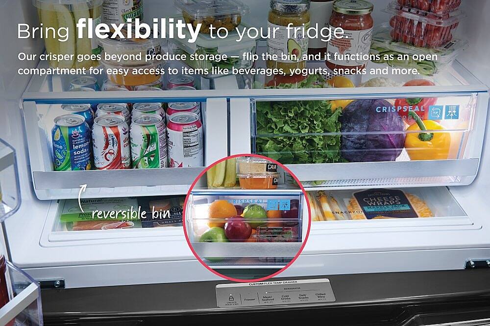 Bring flexibility to your fridge. Our Crisper goes beyond produce storage - flip the bin, and it functions as an open compartment for easy access to items like beverages, yogurts, snacks, and more. Reversible bin.