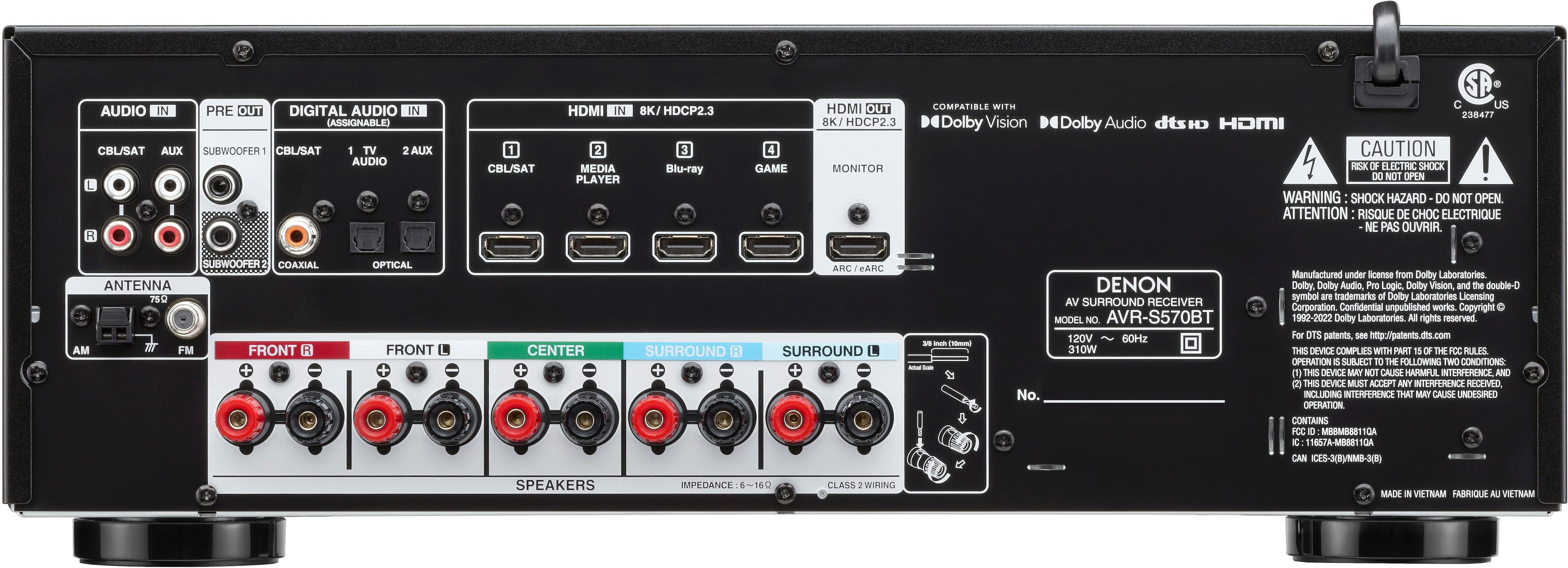 Back. Denon - AVR-S570BT (70W X 5) 5.2-Ch. Bluetooth Capable 8K Ultra HD HDR Compatible AV Home Theater Receiver - Black.