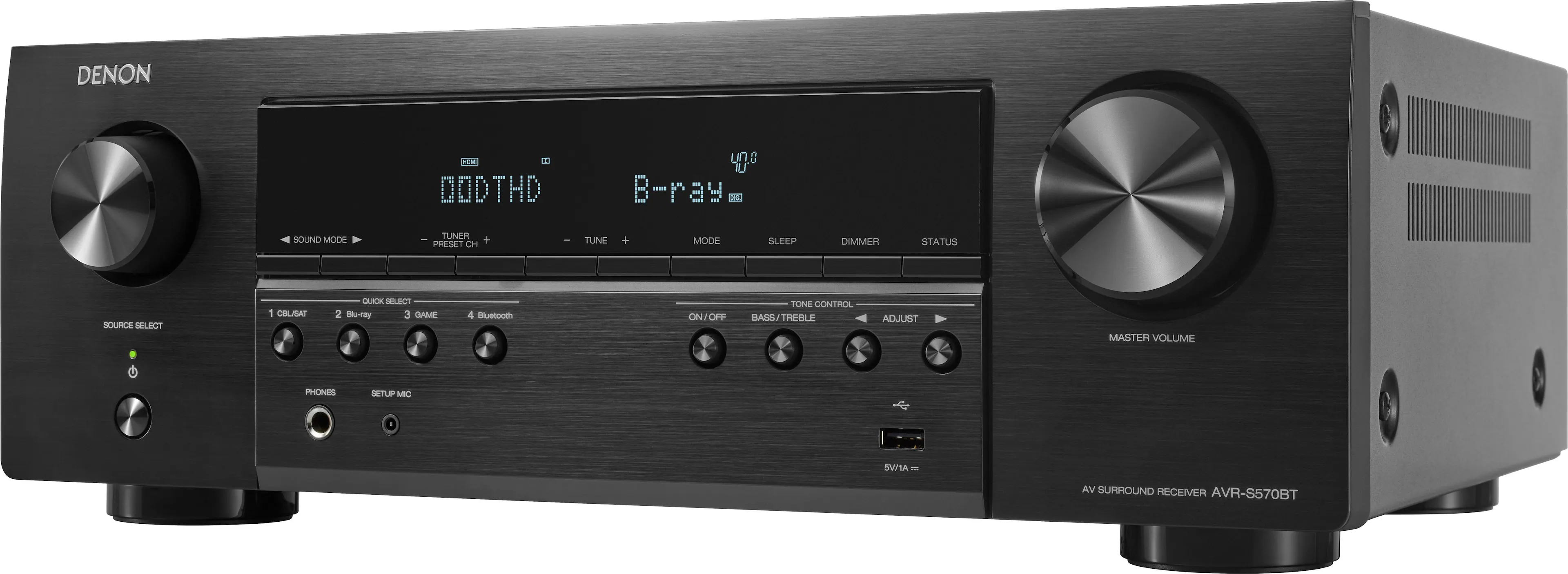 Front. Denon - AVR-S570BT (70W X 5) 5.2-Ch. Bluetooth Capable 8K Ultra HD HDR Compatible AV Home Theater Receiver - Black.