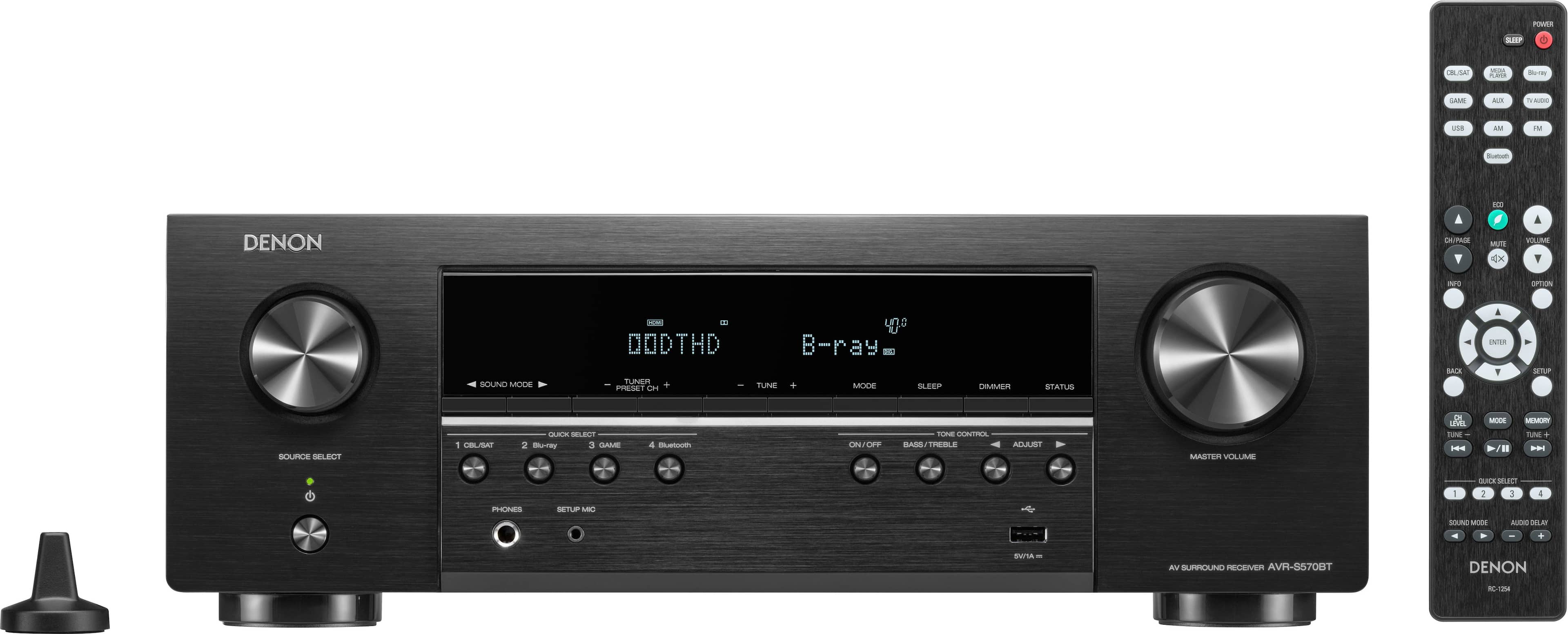 Left. Denon - AVR-S570BT (70W X 5) 5.2-Ch. Bluetooth Capable 8K Ultra HD HDR Compatible AV Home Theater Receiver - Black.