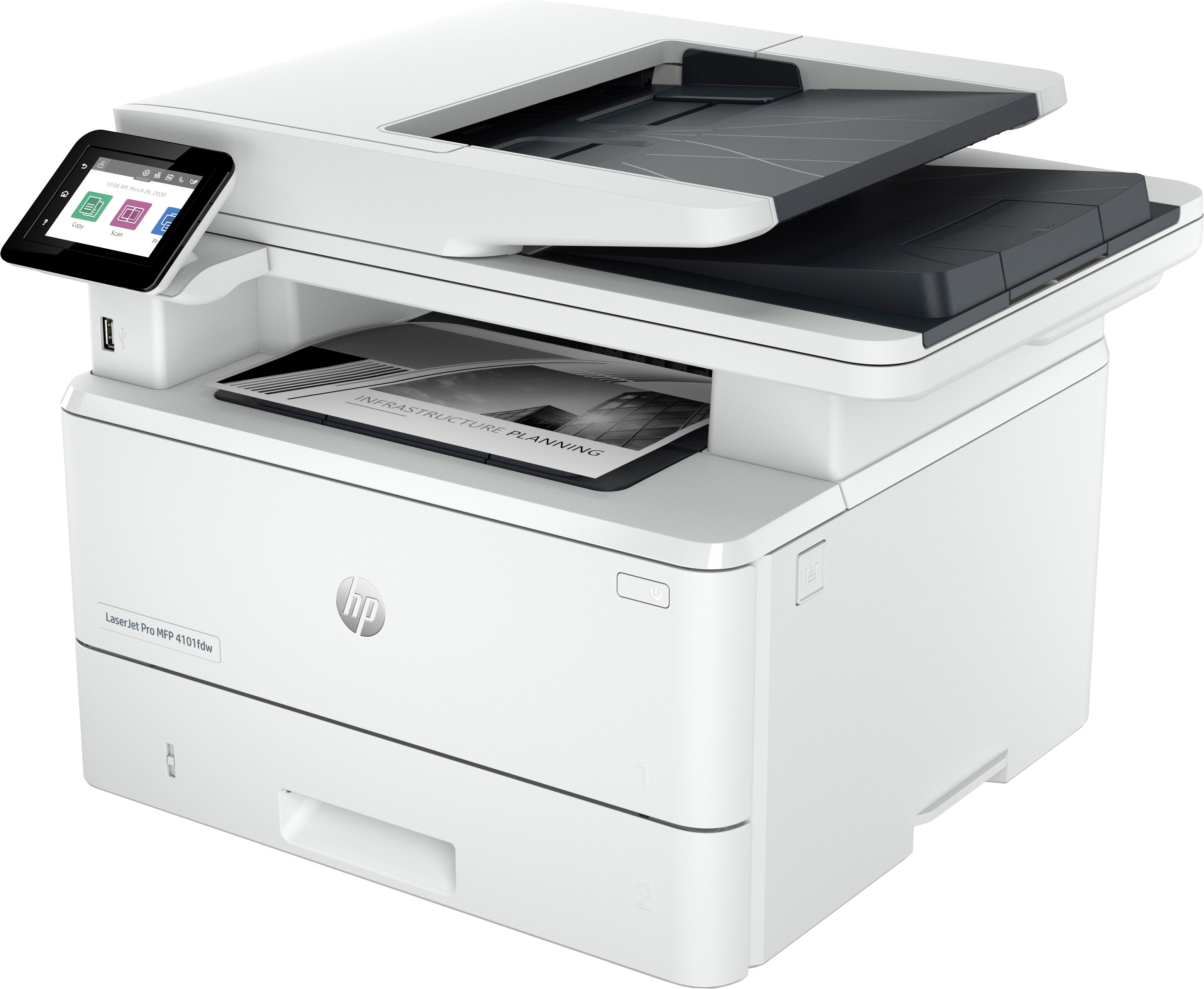 Angle View: HP - LaserJet Pro MFP 4101fdw Wireless Black-and-White All-in-One Laser Printer - White