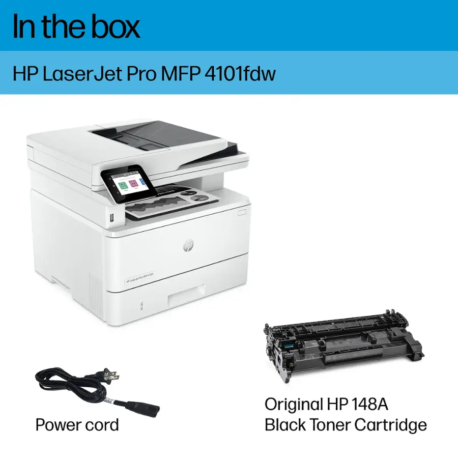 In the box, you'll find an HP LaserJet Pro MFP 4101fdw printer, along with a power cord and an original HP 148A black toner cartridge.