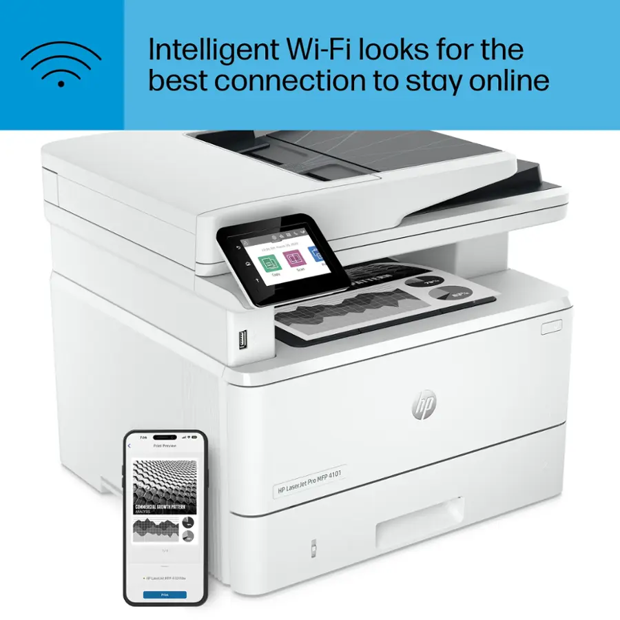 Intelligent Wi-Fi looks for the best connection to stay online. The HP LaserJet MFP 4101 Pro NP is a multifunction printer that offers a reliable and efficient printing experience.