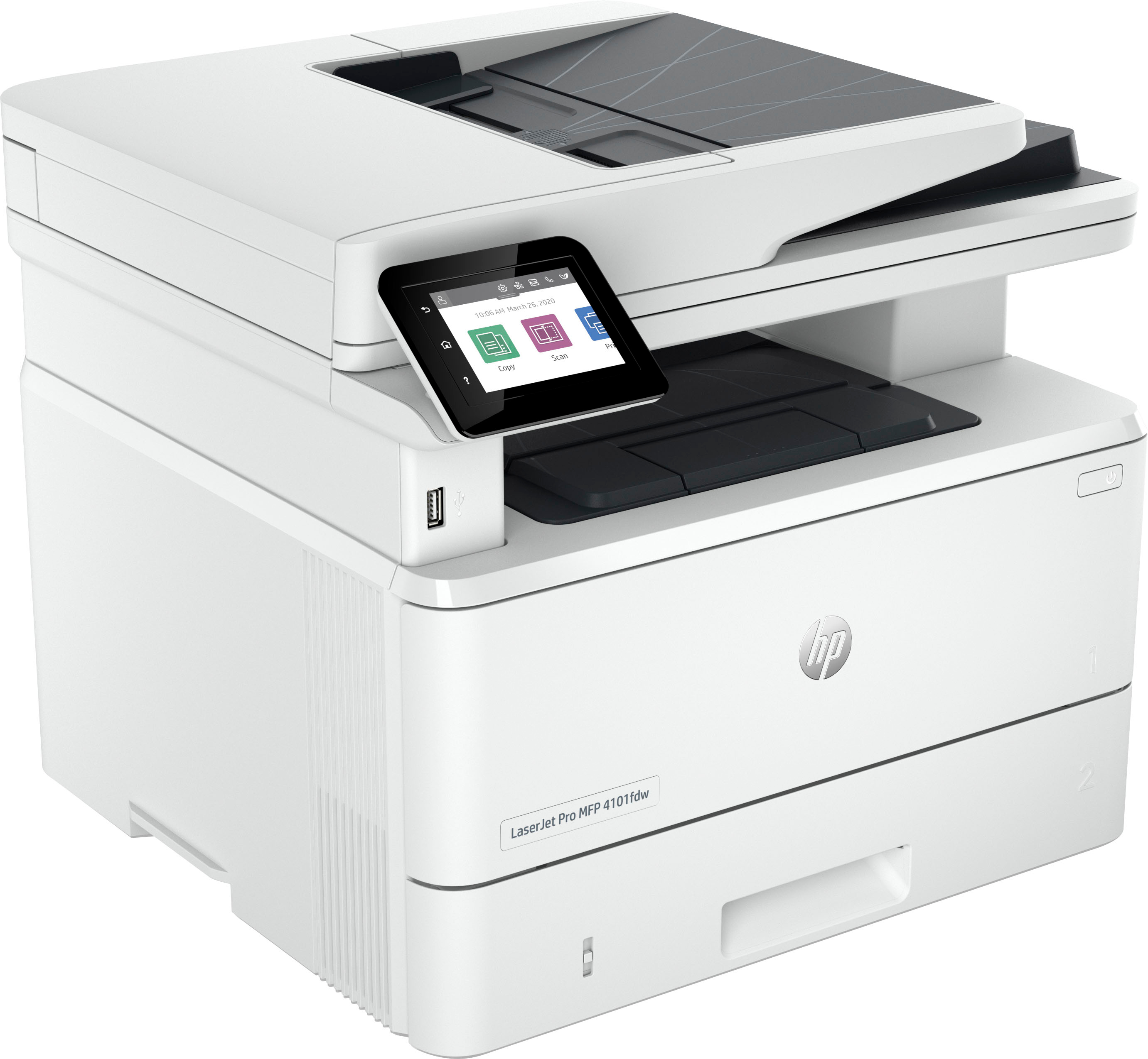 Left View: HP - LaserJet Pro MFP 4101fdw Wireless Black-and-White All-in-One Laser Printer - White