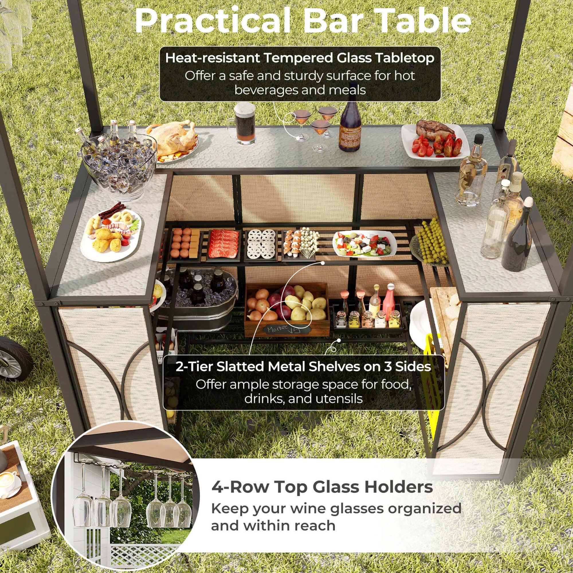 Practical Bar Table:

* Heat-resistant tempered glass tabletop
* Offer a safe and sturdy surface for hot beverages and meals

More features:

* 2-Tier Slatted Metal Shelves on 3 Sides
* Offer ample storage space for food, drinks, and utensils
* 4-Row Top Glass Holders
* Keep your wine glasses organized and within reach