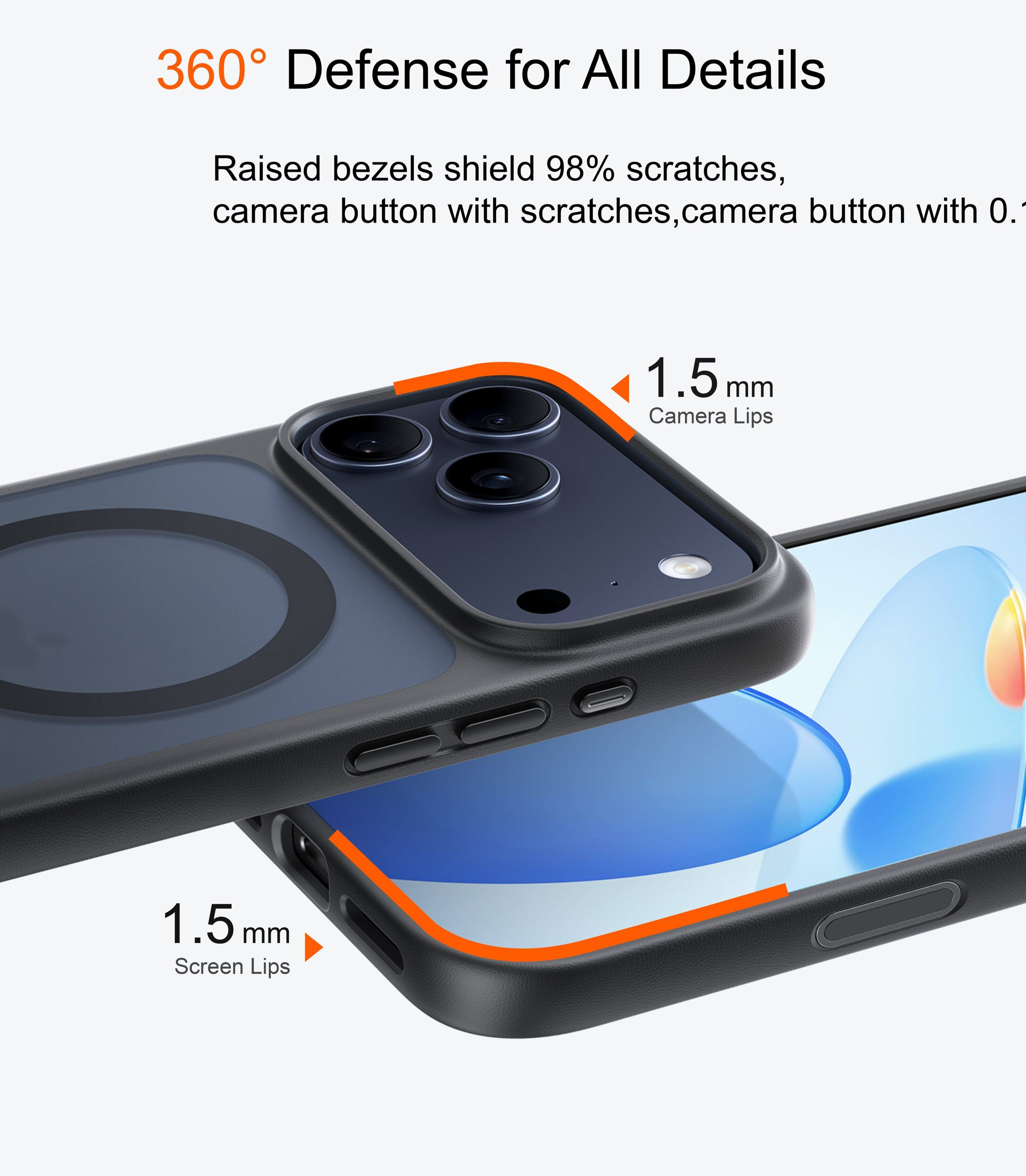 360° Defense for All Details

Raised bezels shield 98% scratches, camera button with scratches, camera button with 0.1.5 mm Camera Lips 1.5 mm Screen Lips

1.5 mm Camera Lips

1.5 mm Screen Lips