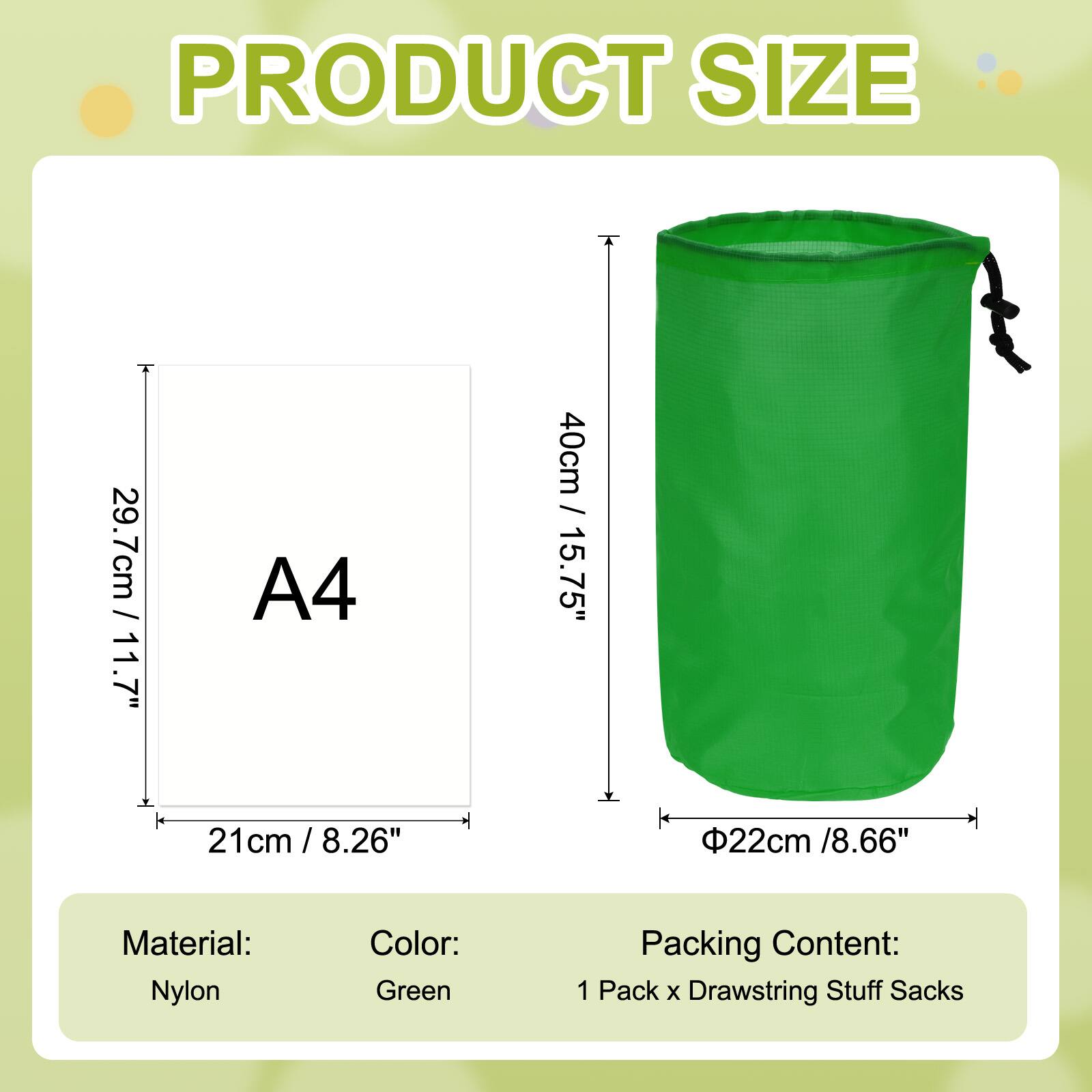 PRODUCT SIZE

A4  
29.7cm / 11.7"  
21cm / 8.26"  

40cm / 15.75"  
Φ22cm / 8.66"  

Material: Nylon  
Color: Green  

Packing Content:  
1 Pack x Drawstring Stuff Sacks