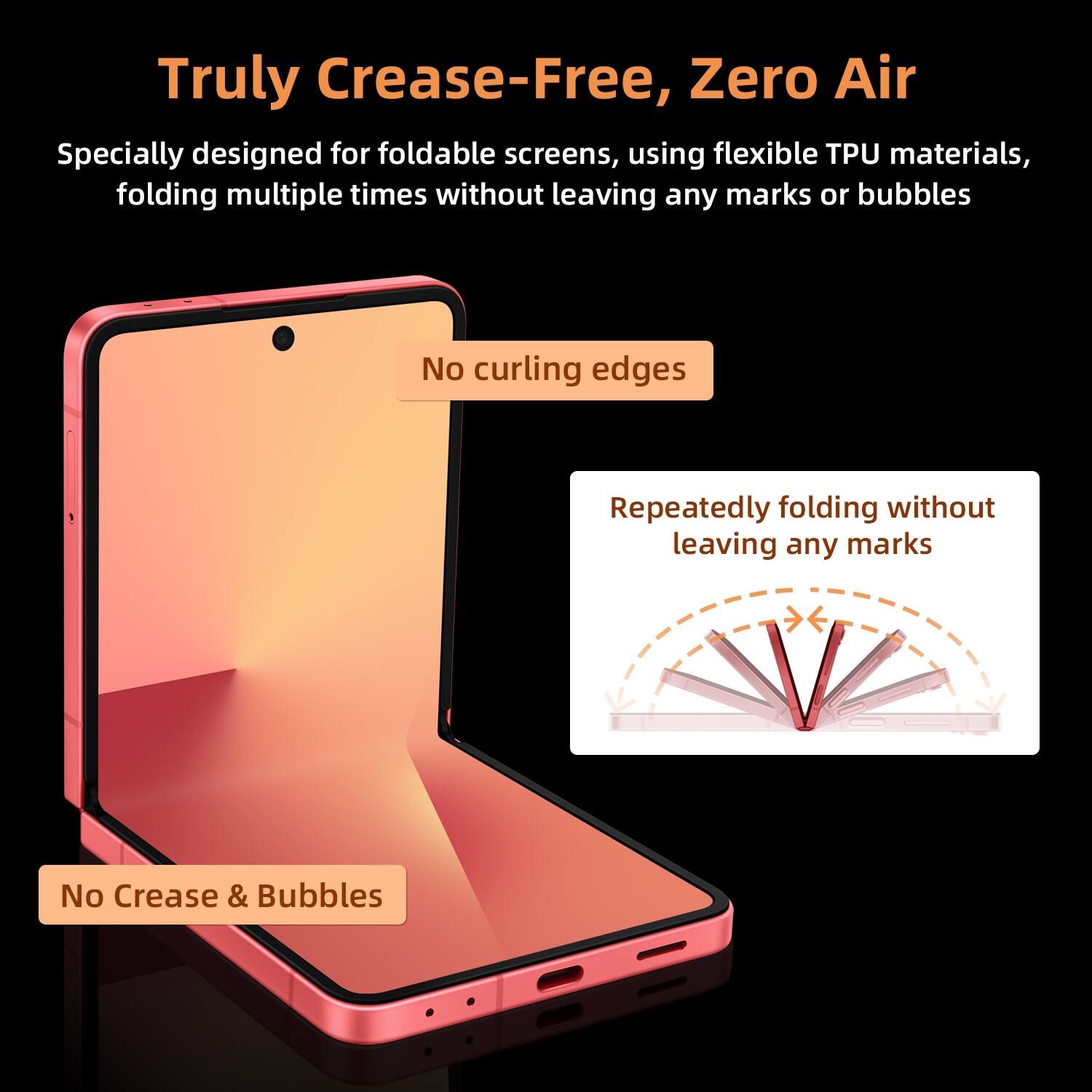 Truly Crease-Free, Zero Air

Specially designed for foldable screens, using flexible TPU materials, folding multiple times without leaving any marks or bubbles

No curling edges

Repeatedly folding without leaving any marks

No Crease & Bubbles