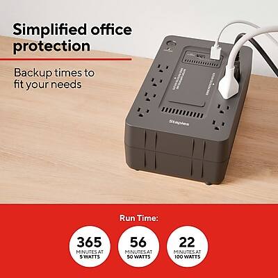 Simplified office protection  
Backup times to fit your needs  

Run Time:  
365 minutes at 5 watts  
56 minutes at 50 watts  
22 minutes at 100 watts