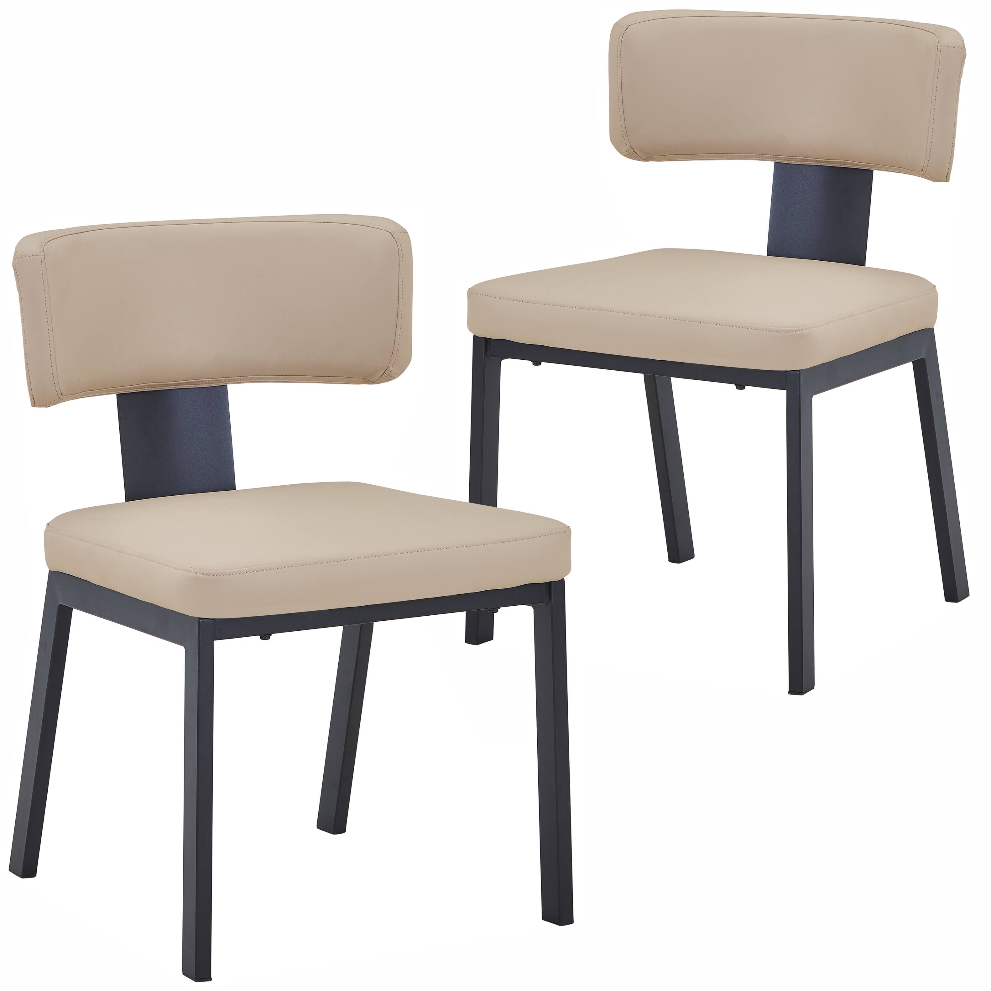 LeisureMod - Teres 2-PCS Modern Curved Leather Dining Chair with Steel Legs & Signature Metal Accent Band, Poplar Wood Core - Soft Taupe