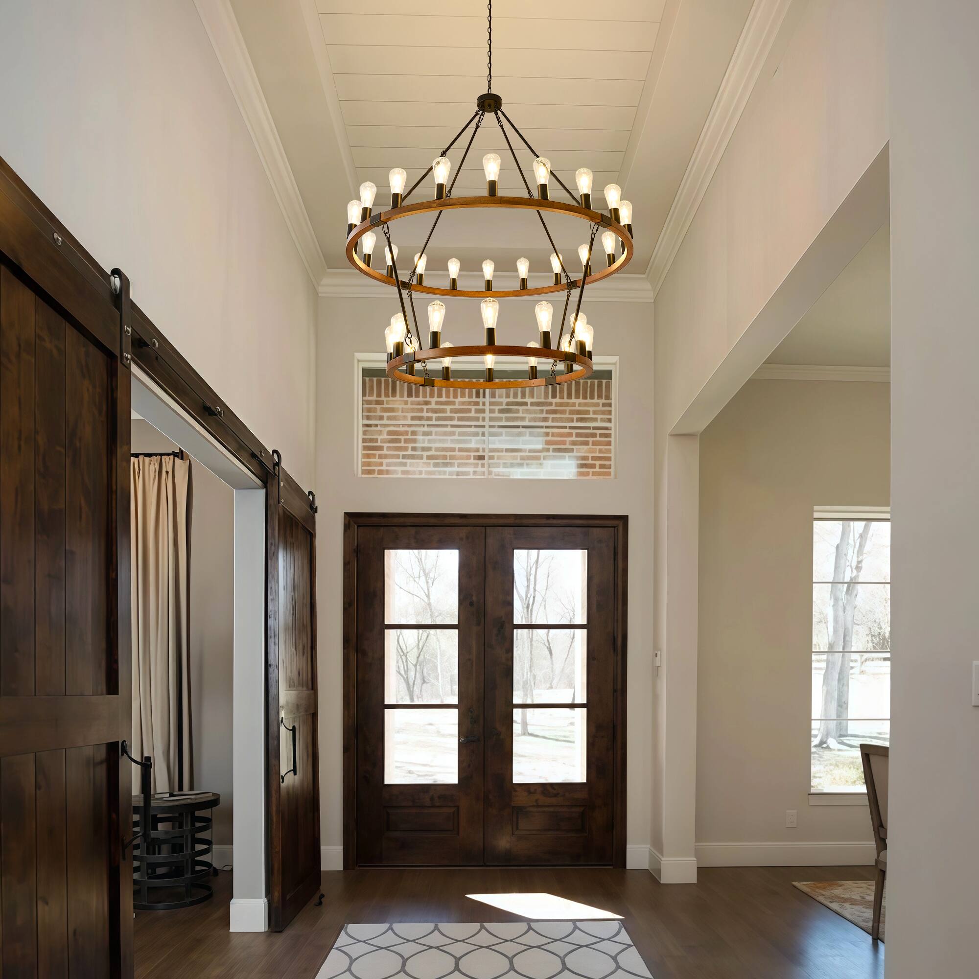 Alt View 3. RYHNUYNE - 2 Tier Wooden Wagon Wheel Chandelier,32-Light 47'' Large Farmhouse Chandelier,Round Wood Chandelier for High Ceiling - Brown.