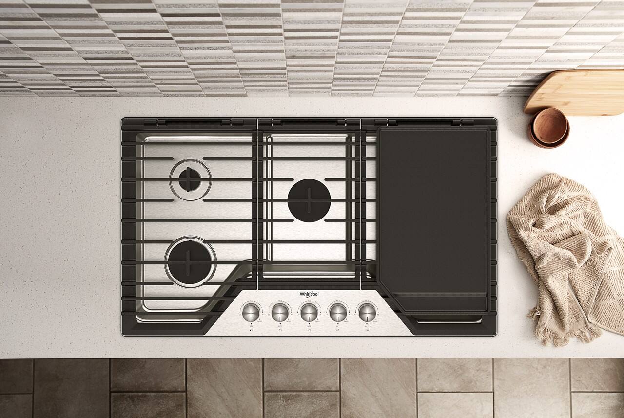 Alt View 23. Whirlpool - 36" Built-In Gas Cooktop with 3 Burners and 2-in-1 Hinged Grate to Griddle - Stainless Steel.