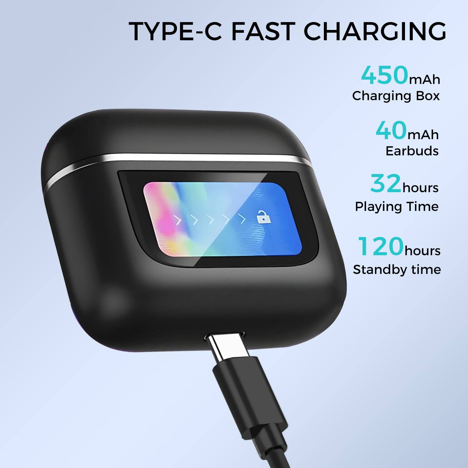 TYPE-C FAST CHARGING

450 mAh Charging Box

40 mAh Earbuds

32 hours Playing Time

120 hours Standby time